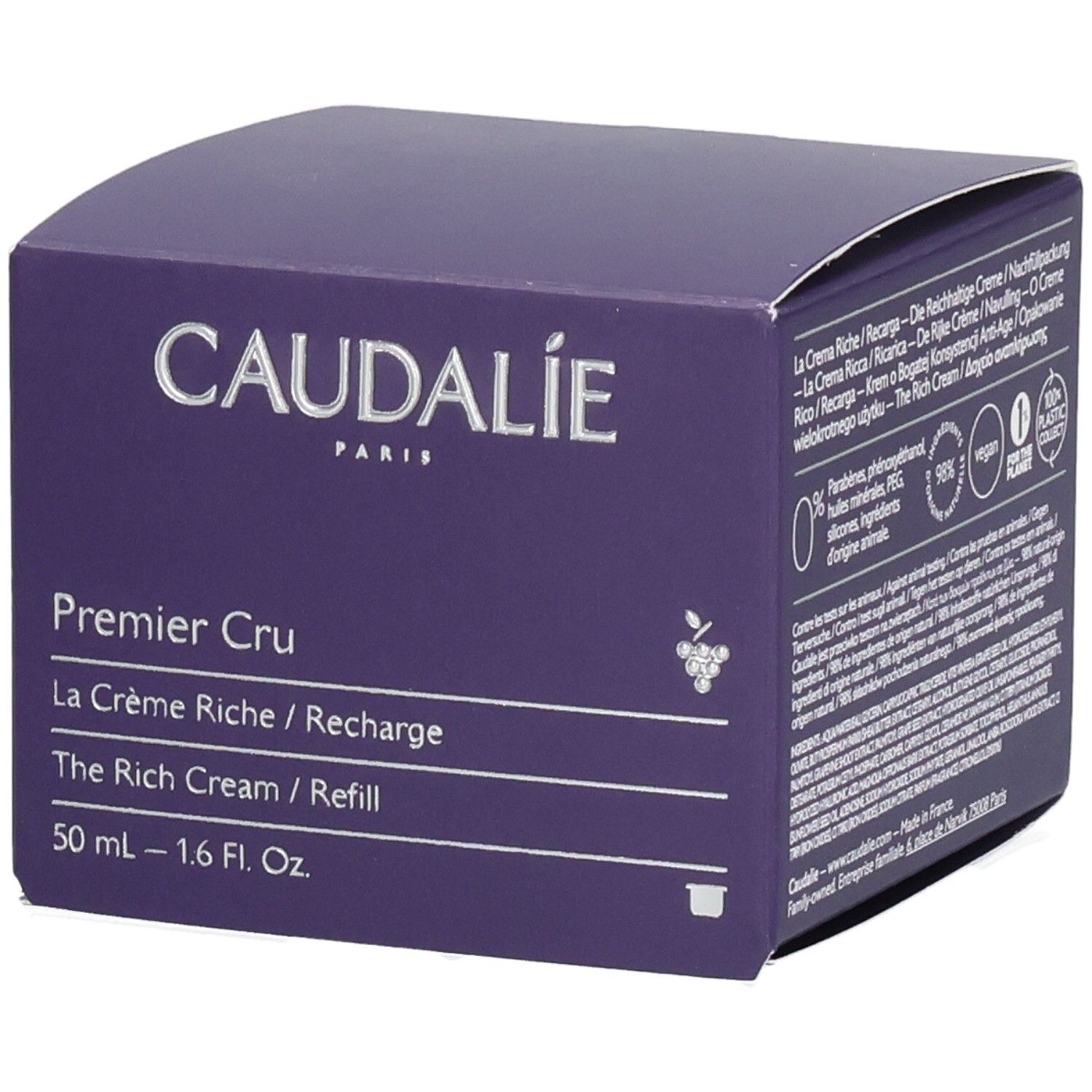 Caudalie Premier Cru Crème Riche Recharge Verpackung. Lila Karton mit Produktnamen und Volumenangabe.