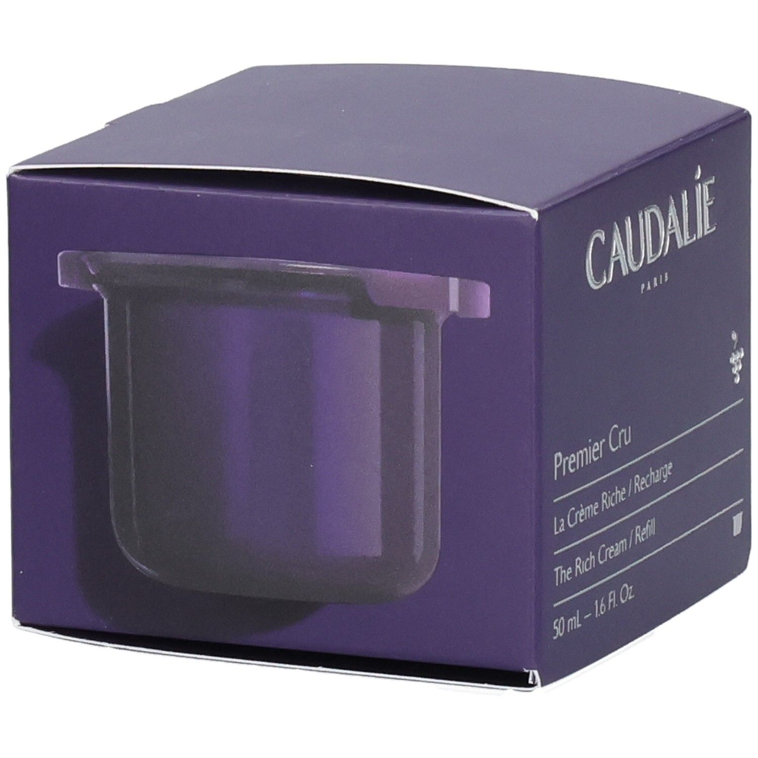Caudalie Premier Cru Crème Riche Recharge Verpackung mit sichtbarer Nachfüllung. Lila Karton.