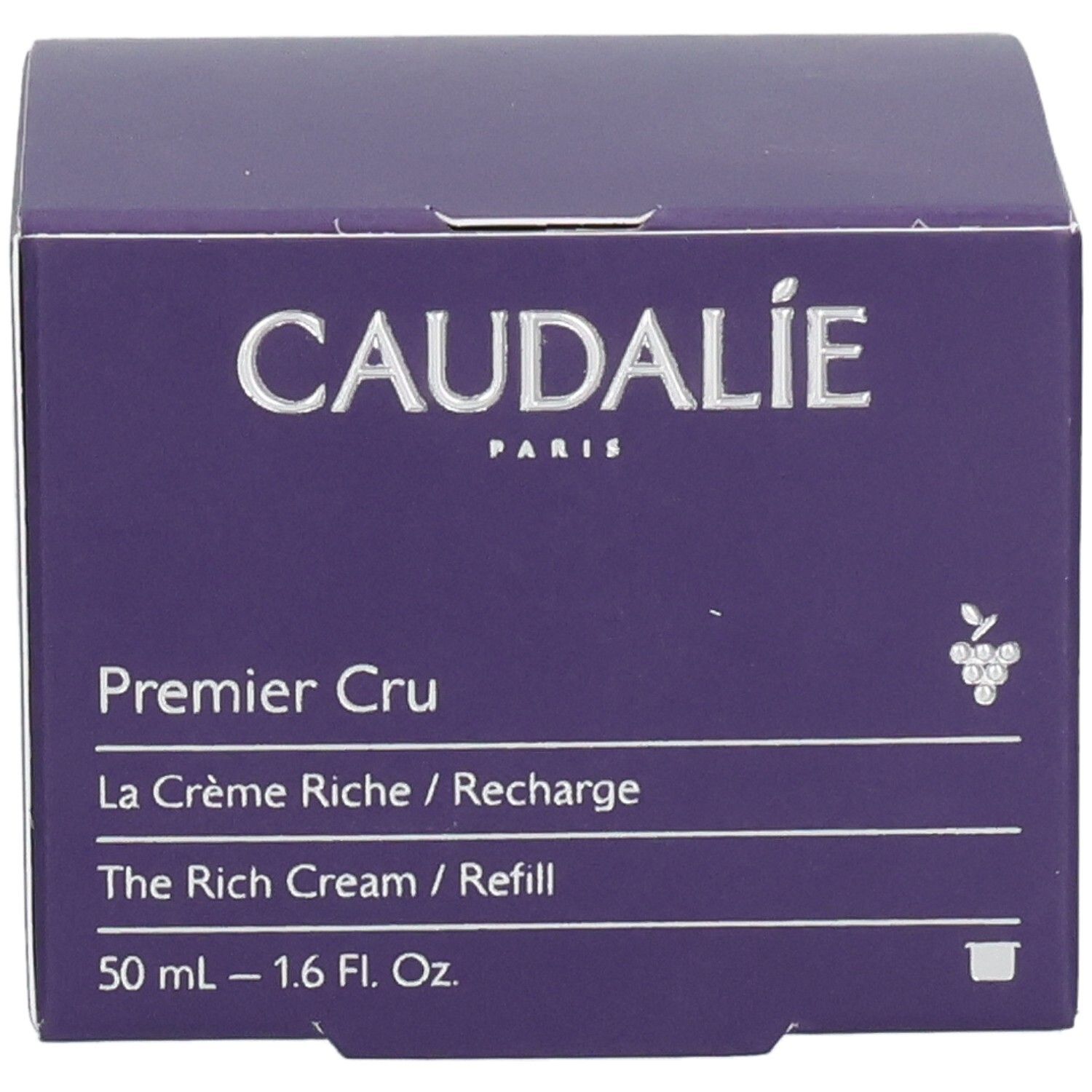 Caudalie Premier Cru Crème Riche Recharge Verpackung. Lila Karton mit Produktnamen und Volumenangabe.