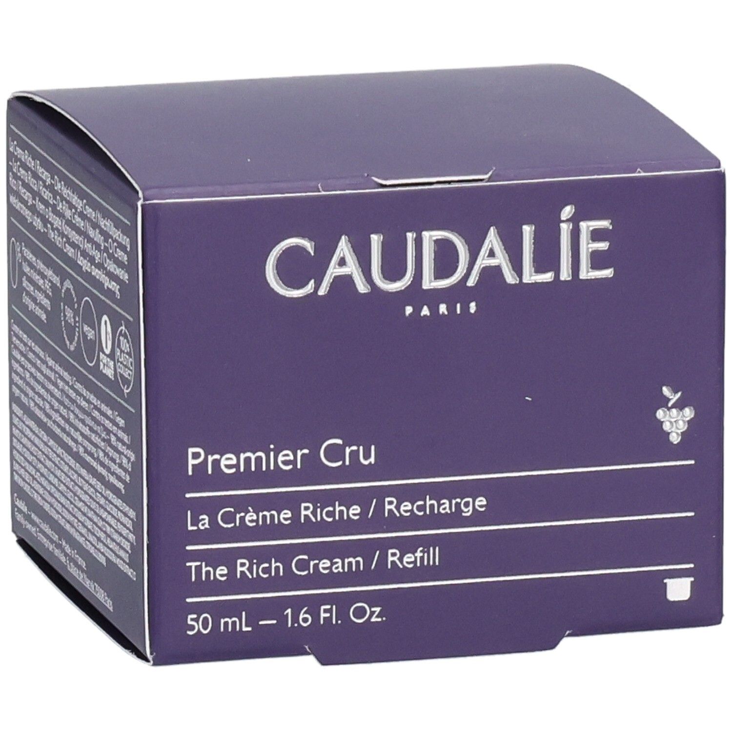 Caudalie Premier Cru Crème Riche Recharge Verpackung. Lila Karton mit Produktnamen und Volumenangabe.
