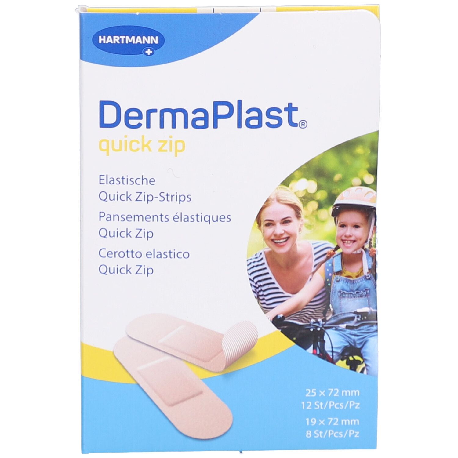 Verpackung mit DermaPlast® Quick Zip Heftpflaster. Enthält Pflaster in zwei Größen. Marke und Produktname deutlich sichtbar.