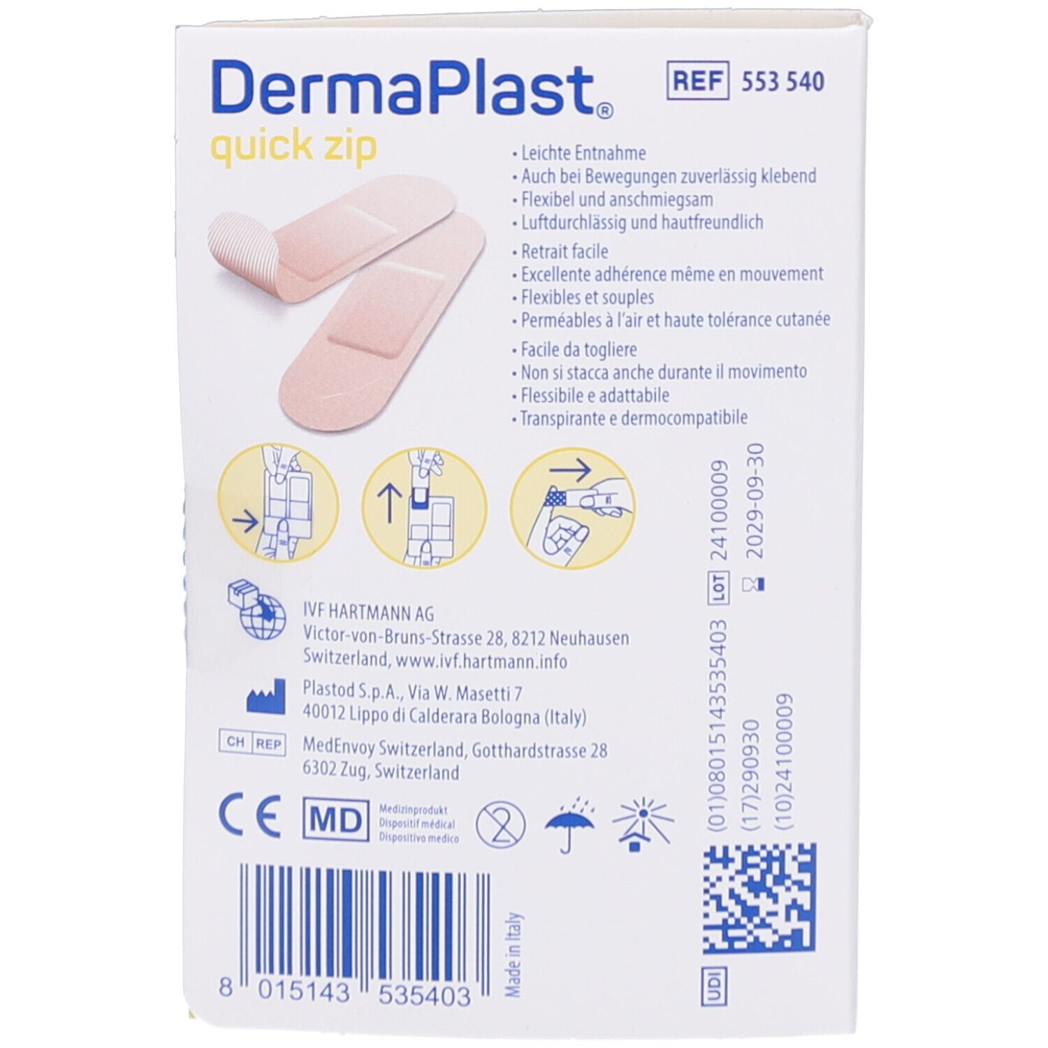 Rückseite der DermaPlast® Quick Zip Verpackung. Produktname und Informationen, einschließlich Herstellerangaben, sind sichtbar.