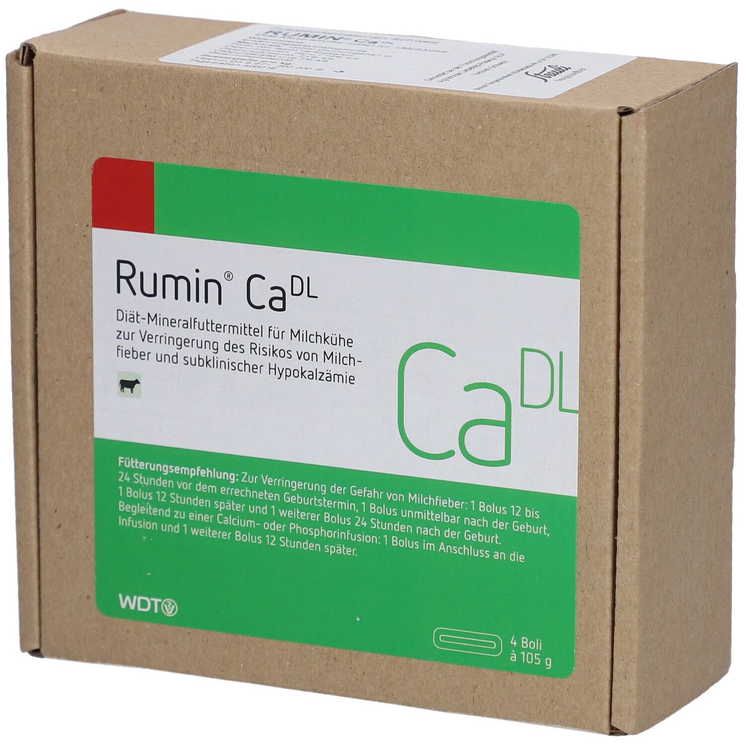 Boîte en carton avec texte vert. Rumin Ca DL, aliment minéral diététique pour vaches laitières. Contient 4 bolus de 105 g.