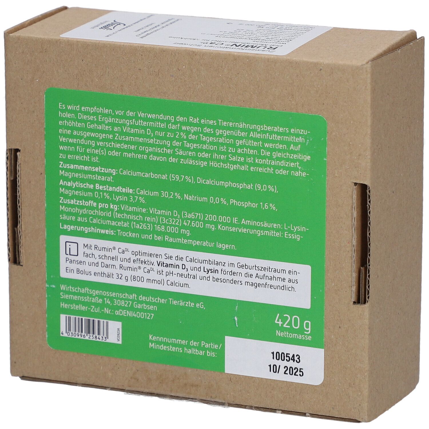 Boîte en carton avec texte vert. Rumin Ca DL, ingrédients, poids net 420 g, à consommer de préférence avant 10/2025.
