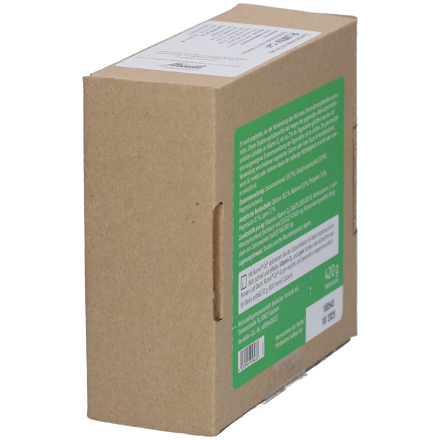 Boîte en carton avec texte vert. Rumin Ca DL, ingrédients, poids net 420 g, à consommer de préférence avant 10/2025.