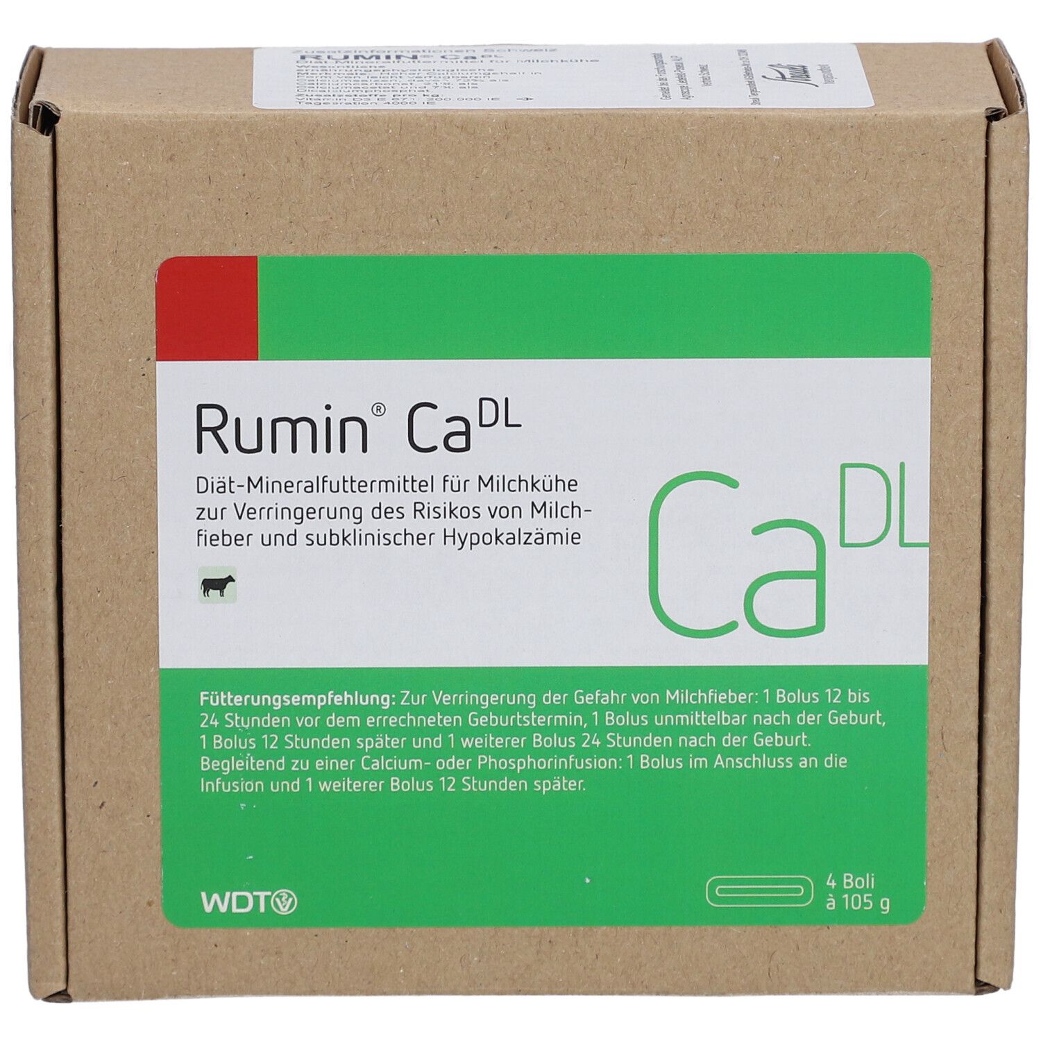 Boîte en carton avec texte vert. Rumin Ca DL, aliment minéral diététique pour vaches laitières. Contient 4 bolus de 105 g.