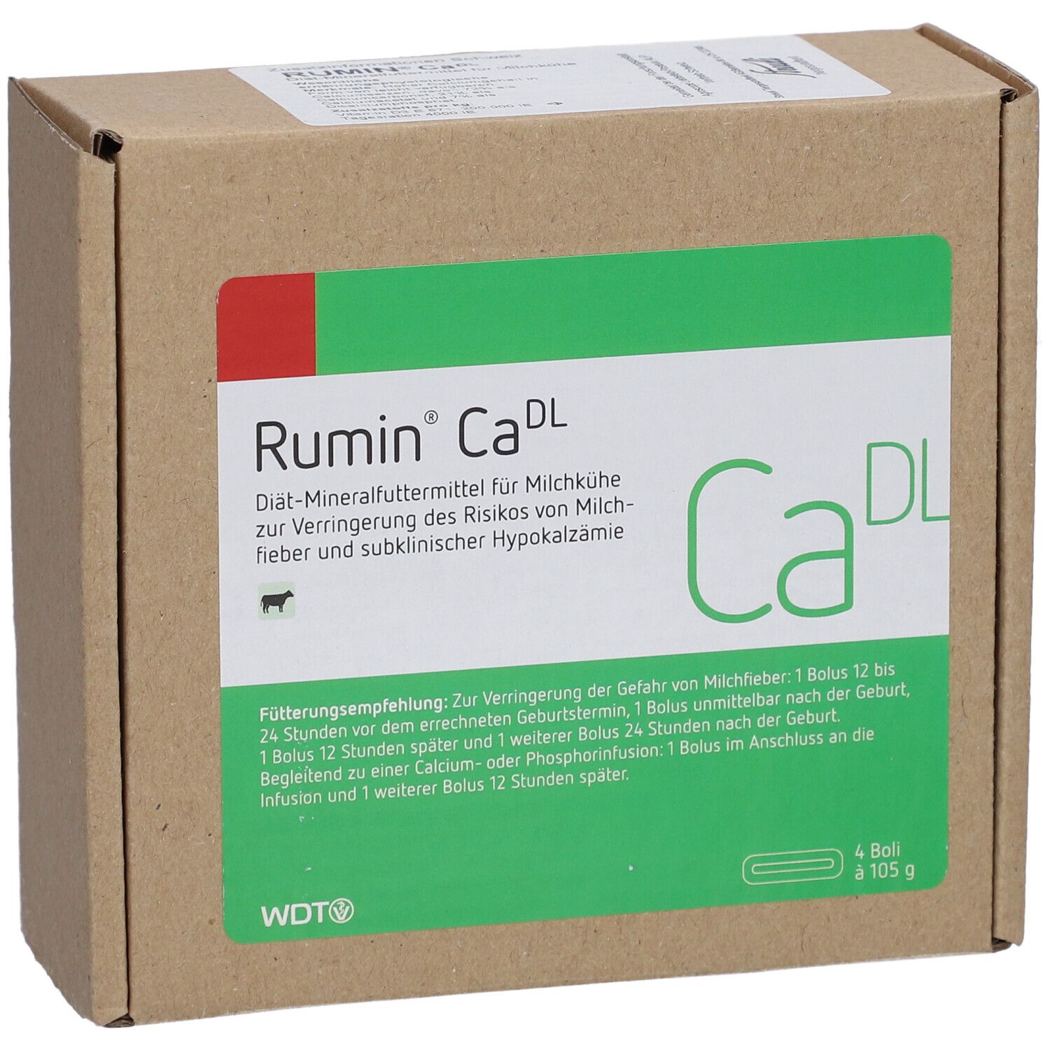 Boîte en carton avec texte vert. Rumin Ca DL, aliment minéral diététique pour vaches laitières. Contient 4 bolus de 105 g.