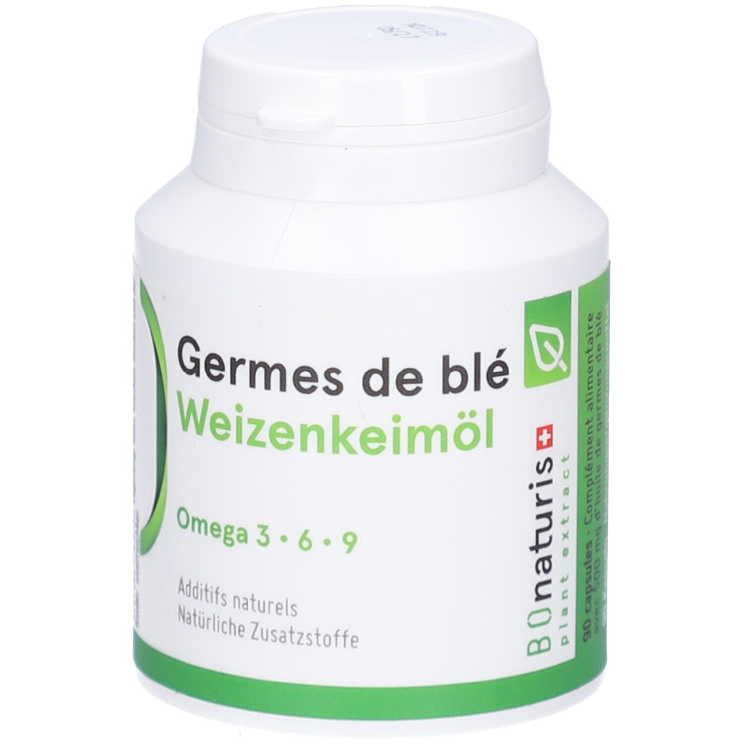 Weiße Flasche mit Kapseln. Aufschrift: Germes de blé Weizenkeimöl, Omega 3·6·9. Grüne und weiße Etiketten.