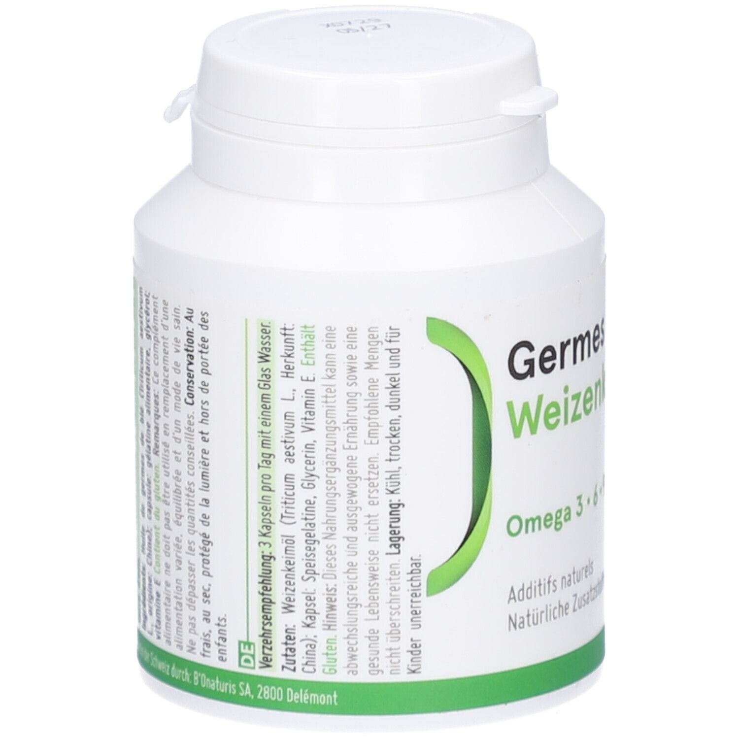 Weiße Flasche mit Kapseln. Rückseite mit Text. Aufschrift: Germes de blé Weizenkeimöl, Omega 3·6·9. Grüne Etiketten.