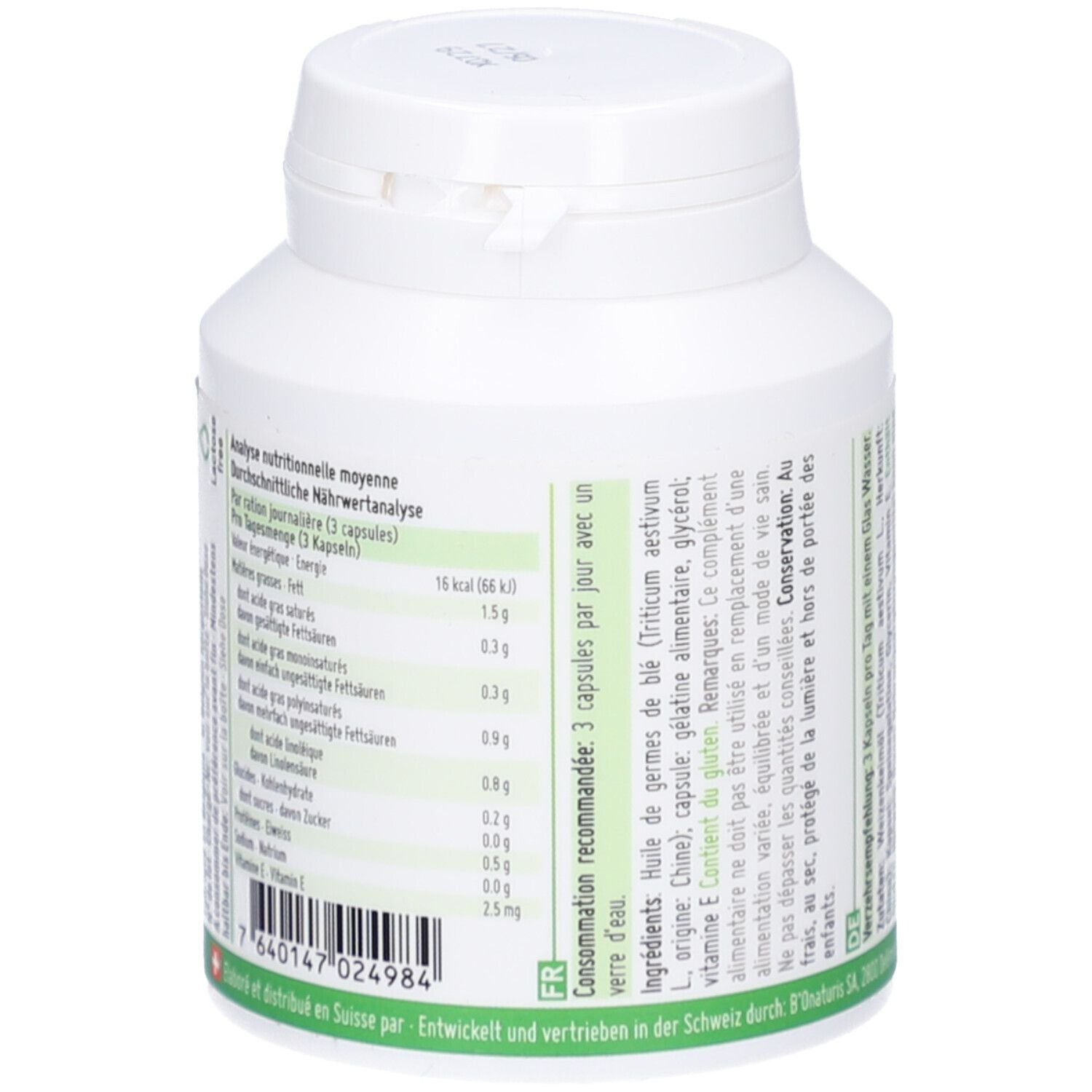 Weiße Flasche mit Kapseln. Rückseite mit Text und Nährwertanalyse. Grüne Etiketten. Barcode.