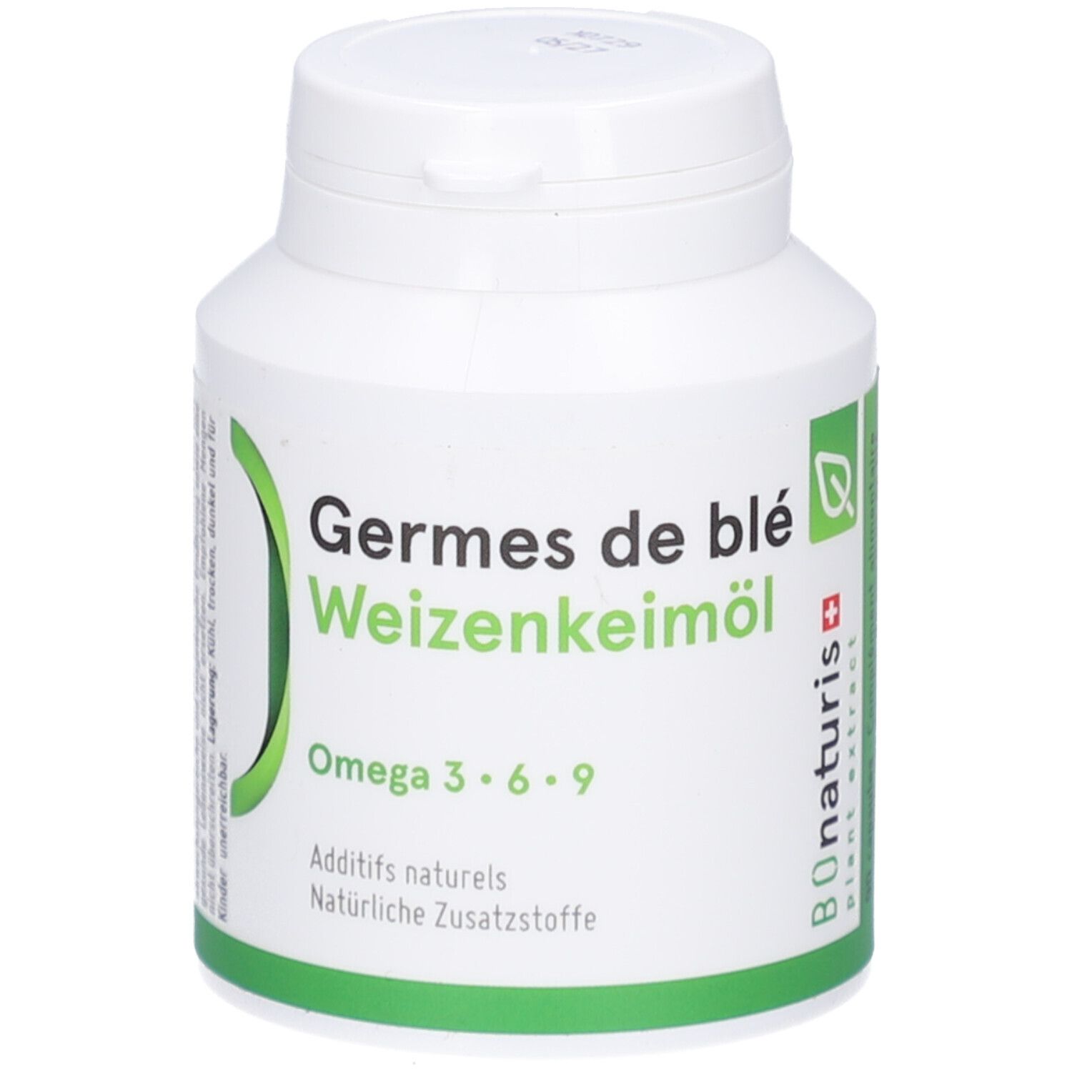 Weiße Flasche mit Kapseln. Aufschrift: Germes de blé Weizenkeimöl, Omega 3·6·9. Grüne und weiße Etiketten.