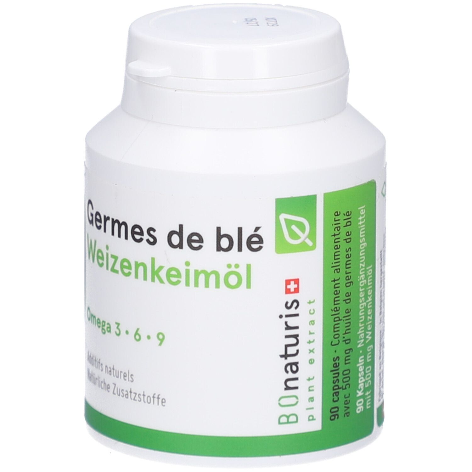 Weiße Flasche mit Kapseln. Aufschrift: Germes de blé Weizenkeimöl, 90 Kapseln. Grüne Etiketten. Bionaturis Logo.