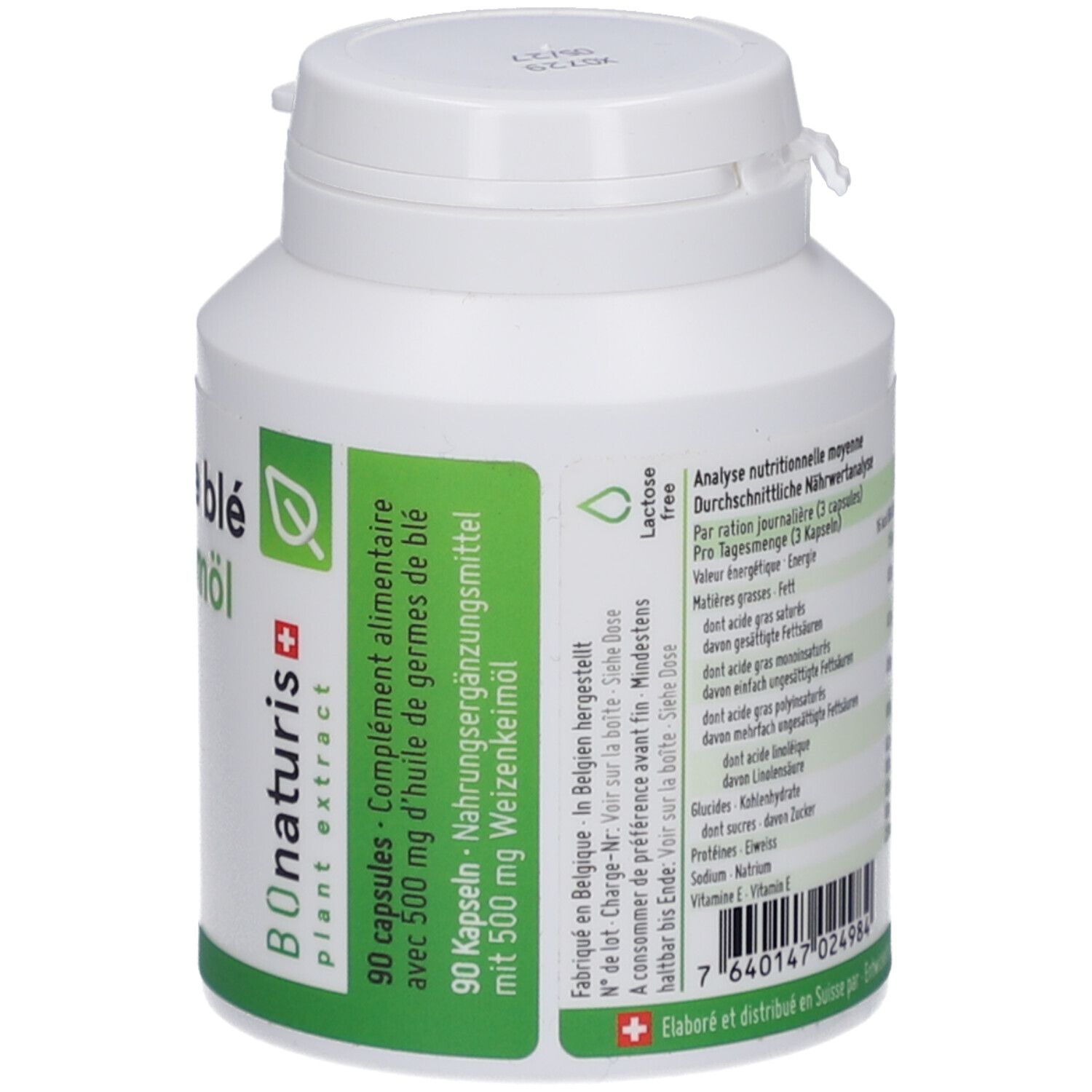 Weiße Flasche mit Kapseln. Rückseite mit Text. Aufschrift: 90 Kapseln. Grüne Etiketten. Bionaturis Logo.