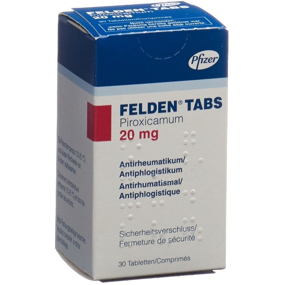 Boîte de FELDEN TABS, Piroxicamum 20 mg. Contient 30 comprimés. Inscription: Antirhumatismal/Antiphlogistique. Fermeture de sécurité.