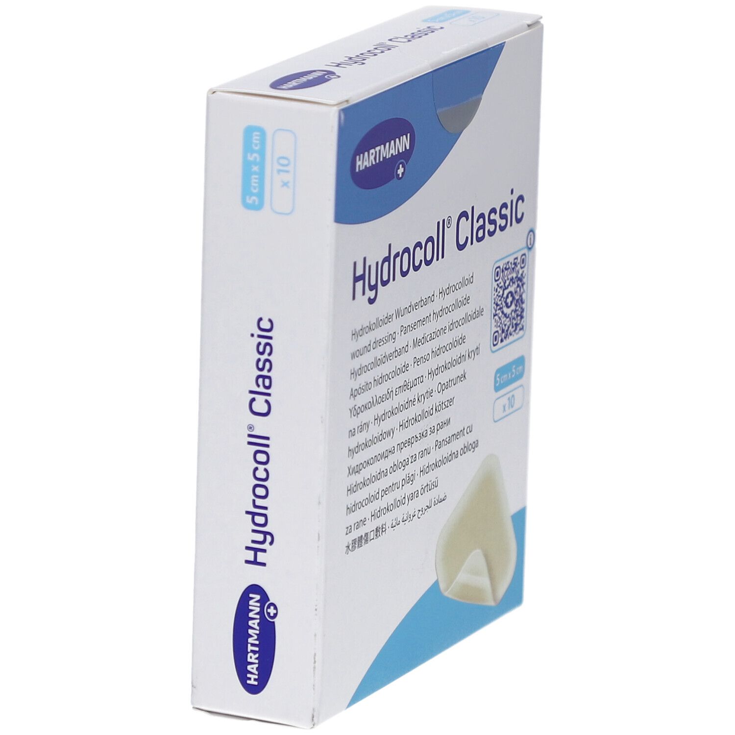 Hartmann Hydrocoll Classic. Schrägansicht der Verpackung. Aufdruck: 5 cm x 5 cm, 10 Stück. Produktname und Logo.
