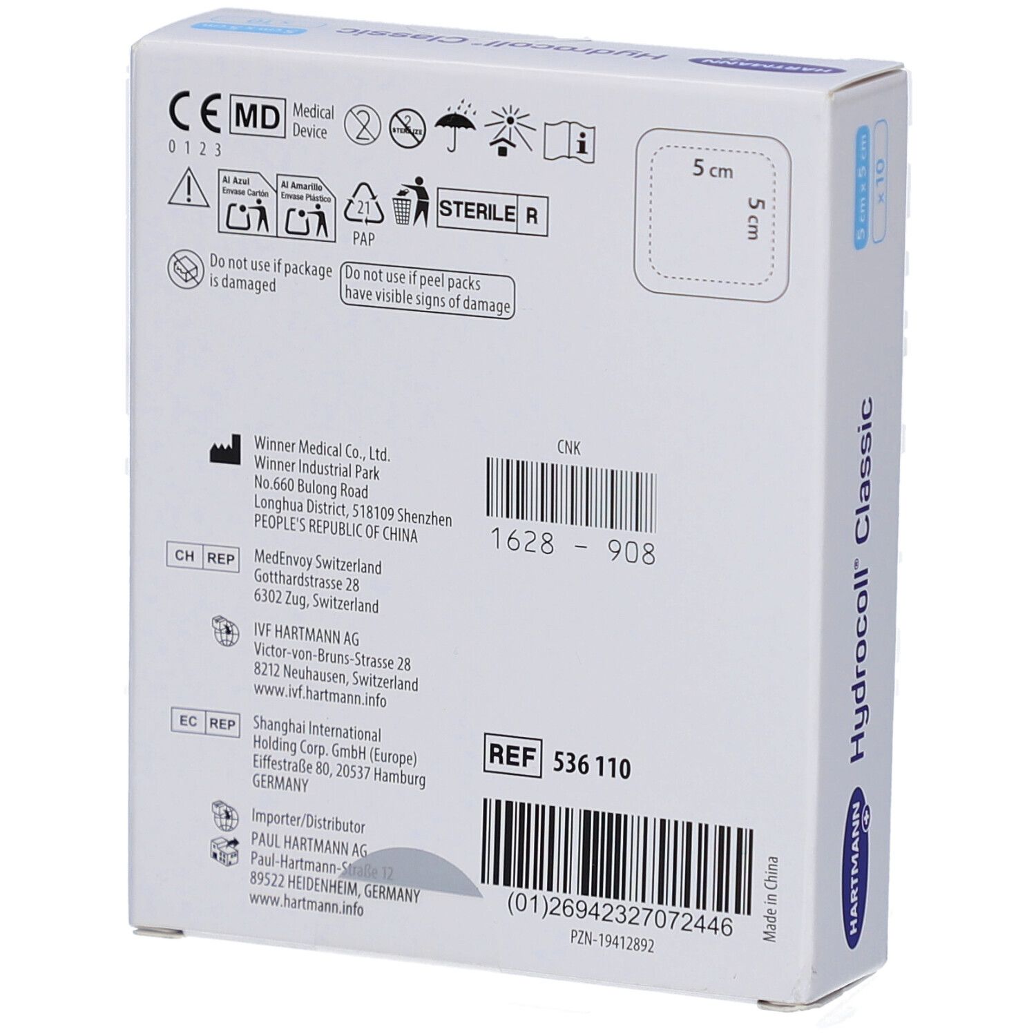 Rückseite der Verpackung Hartmann Hydrocoll Classic. Informationen zu Hersteller, Chargennummer, und CE-Kennzeichnung.