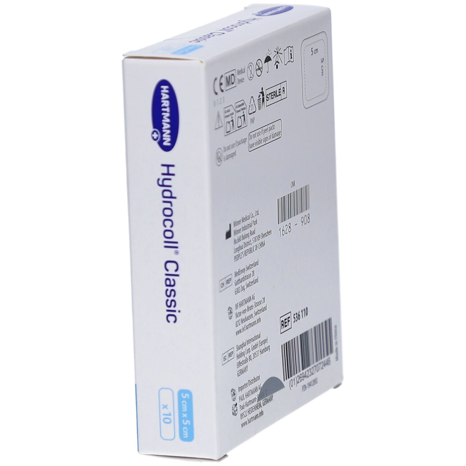 Hartmann Hydrocoll Classic. Schrägansicht der Verpackung. Aufdruck: 5 cm x 5 cm, 10 Stück. Produktname und Logo.