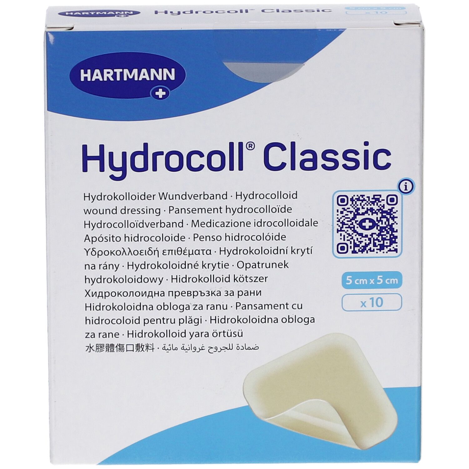 Hartmann Hydrocoll Classic. Hydrokolloid Wundverband. Packung mit 10 Pflastern, 5x5 cm. Produktabbildung mit einem Pflaster.