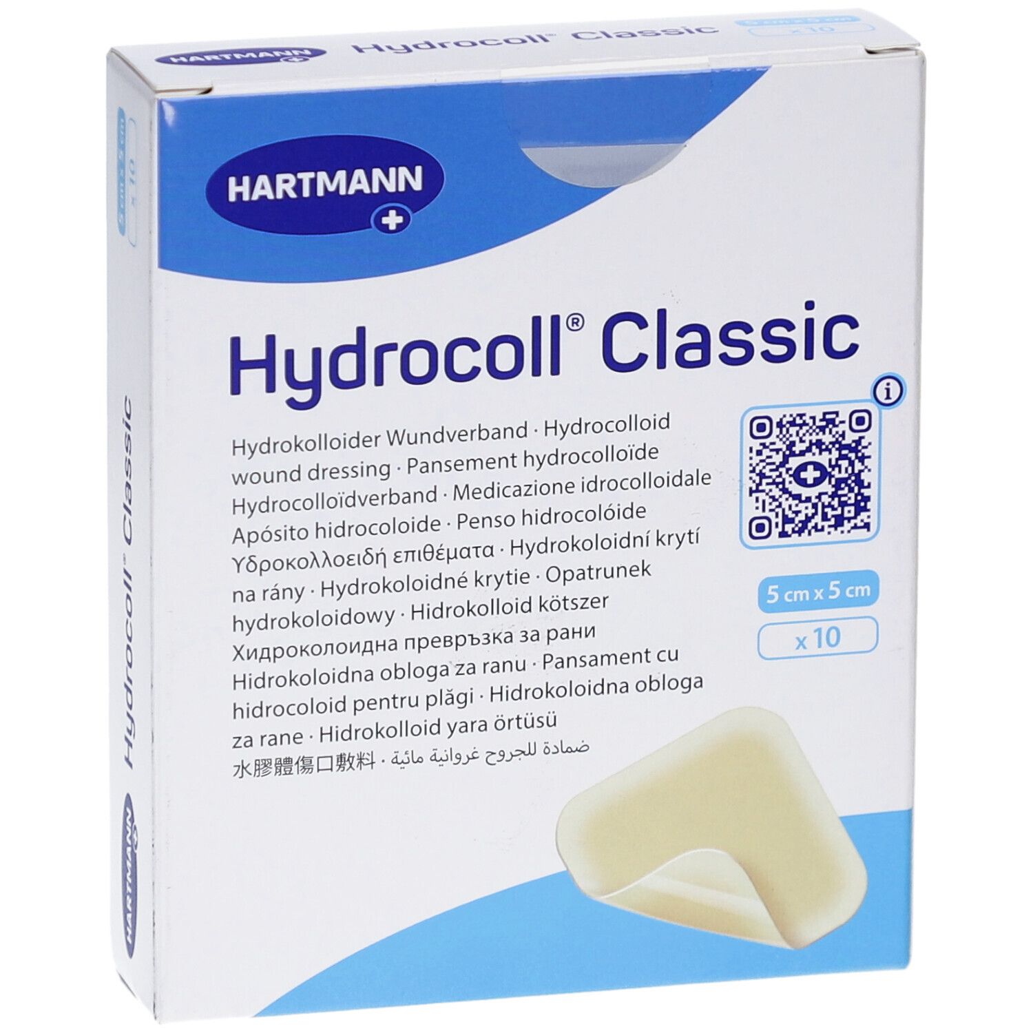 Hartmann Hydrocoll Classic. Hydrokolloid Wundverband. Packung mit 10 Pflastern, 5x5 cm. Produktabbildung mit einem Pflaster.
