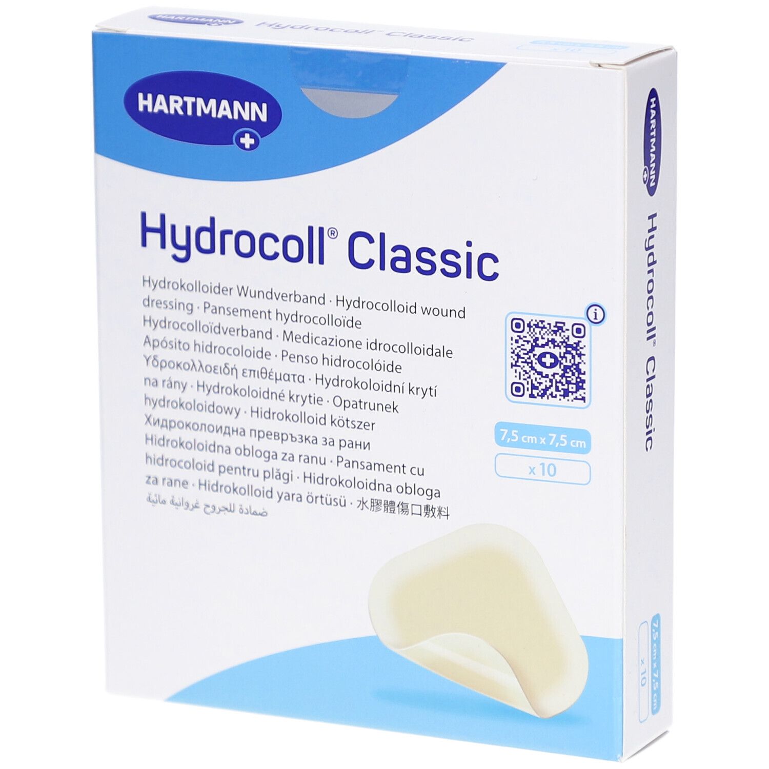 Verpackung Hydrocoll Classic, 7,5x7,5 cm, mit Logo Hartmann. Zeigt ein Pflaster. Aufschrift: Hydrocoll Classic.