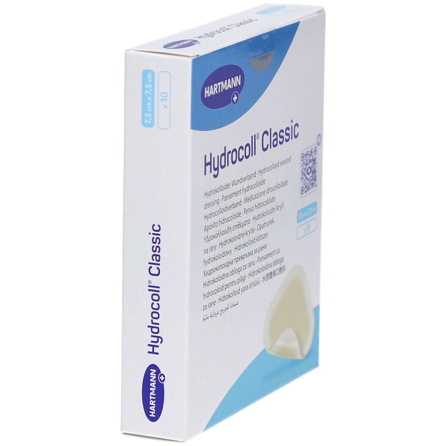 Schrägansicht der Hydrocoll Classic Verpackung. Logo Hartmann. Aufschrift: Hydrocoll Classic. Größe: 7,5x7,5 cm.