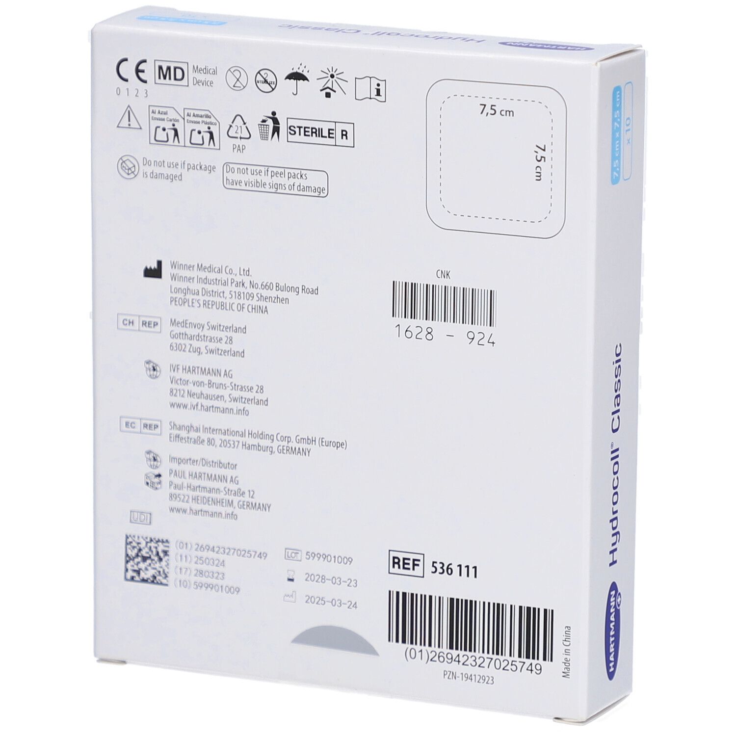 Rückseite der Hydrocoll Classic Verpackung. Informationen, Barcodes, und Logos. Größe: 7,5x7,5 cm. Aufschrift: Hydrocoll Classic.