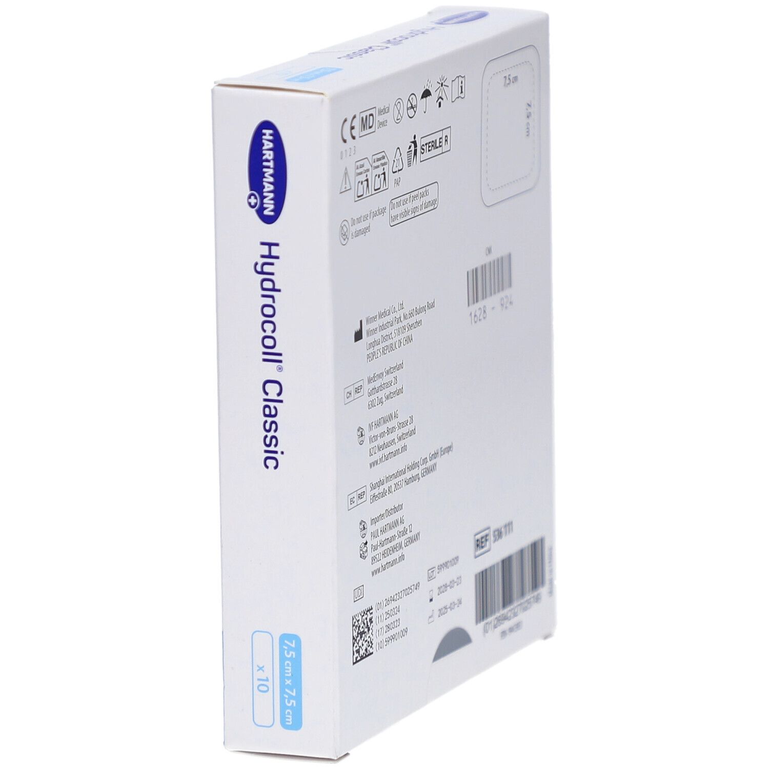 Schrägansicht der Hydrocoll Classic Verpackung. Logo Hartmann. Größe: 7,5x7,5 cm. Aufschrift: Hydrocoll Classic.
