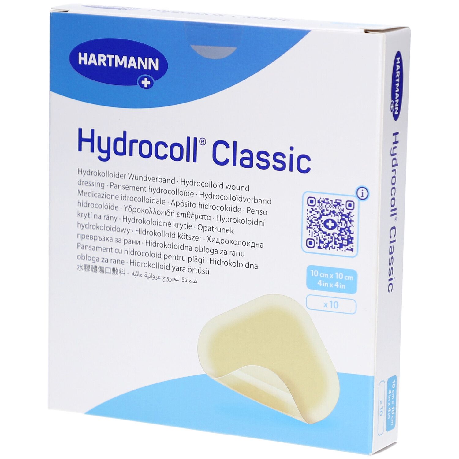 Hartmann Hydrocoll Classic. Hydrokolloid Wundverband. Verpackung mit 10 Pflastern. Größe: 10 x 10 cm. Sichtbar: Pflaster.