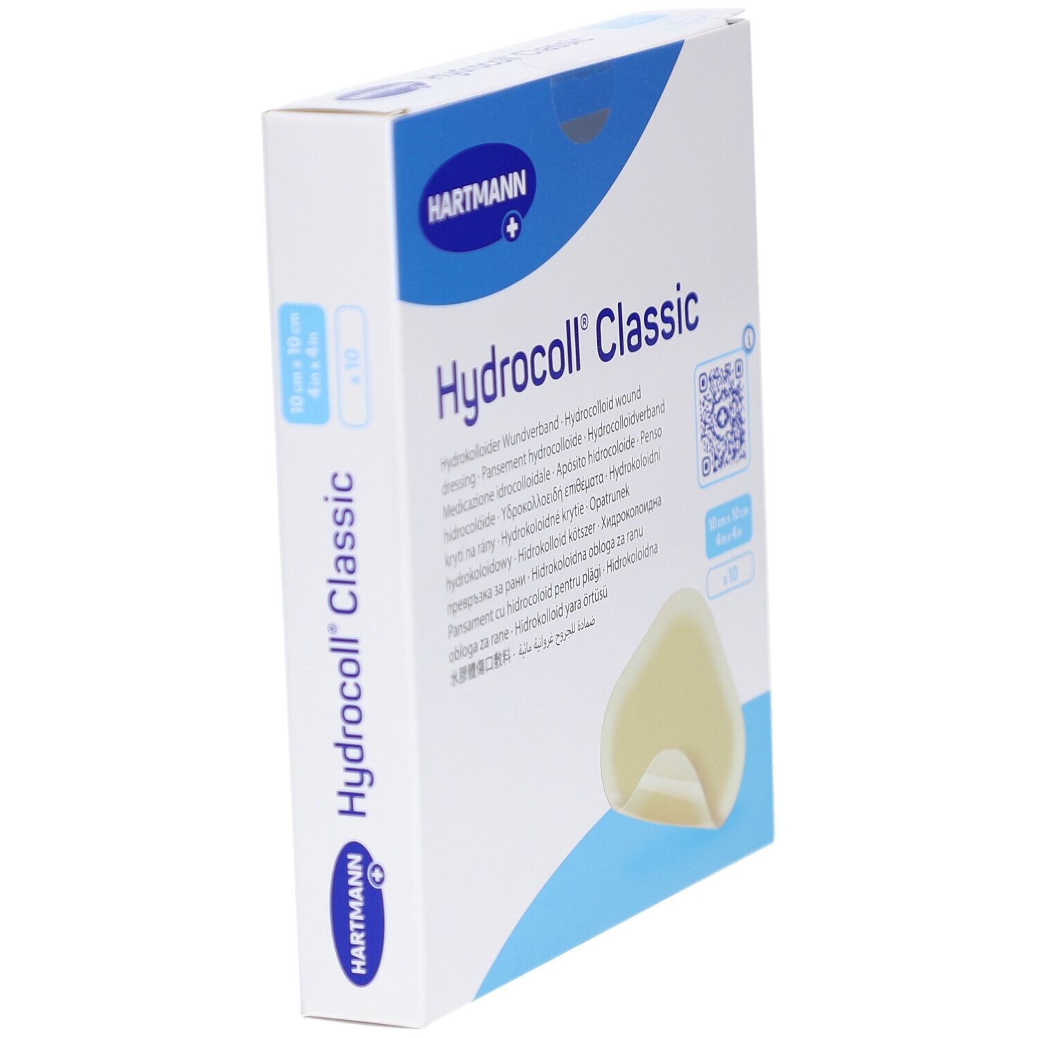 Hartmann Hydrocoll Classic. Verpackung, Seitenansicht. Hydrokolloid Wundverband. 10 Pflaster. Größe: 10 x 10 cm. Sichtbar: Pflaster.