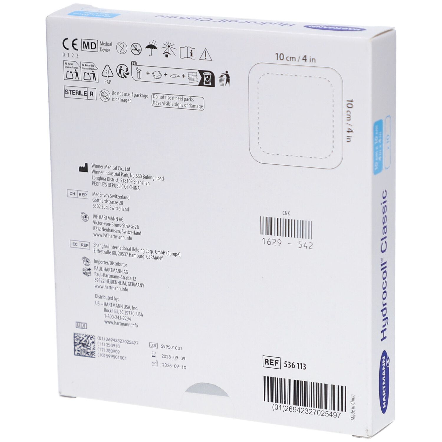 Hartmann Hydrocoll Classic. Rückseite der Verpackung. Informationen und Zertifizierungen. Größe: 10 x 10 cm. Steril.