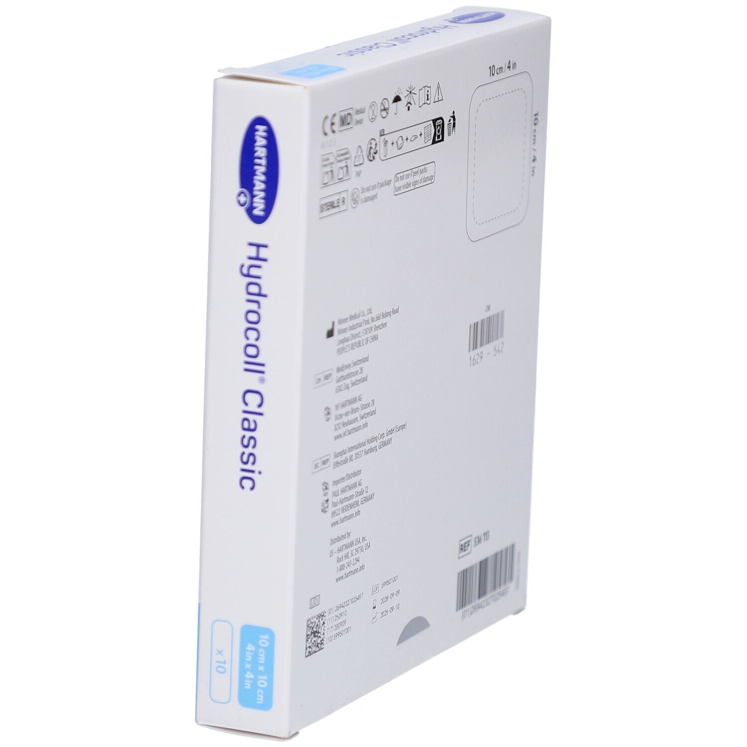 Hartmann Hydrocoll Classic. Verpackung, Seitenansicht. Informationen und Zertifizierungen. Größe: 10 x 10 cm. Steril.