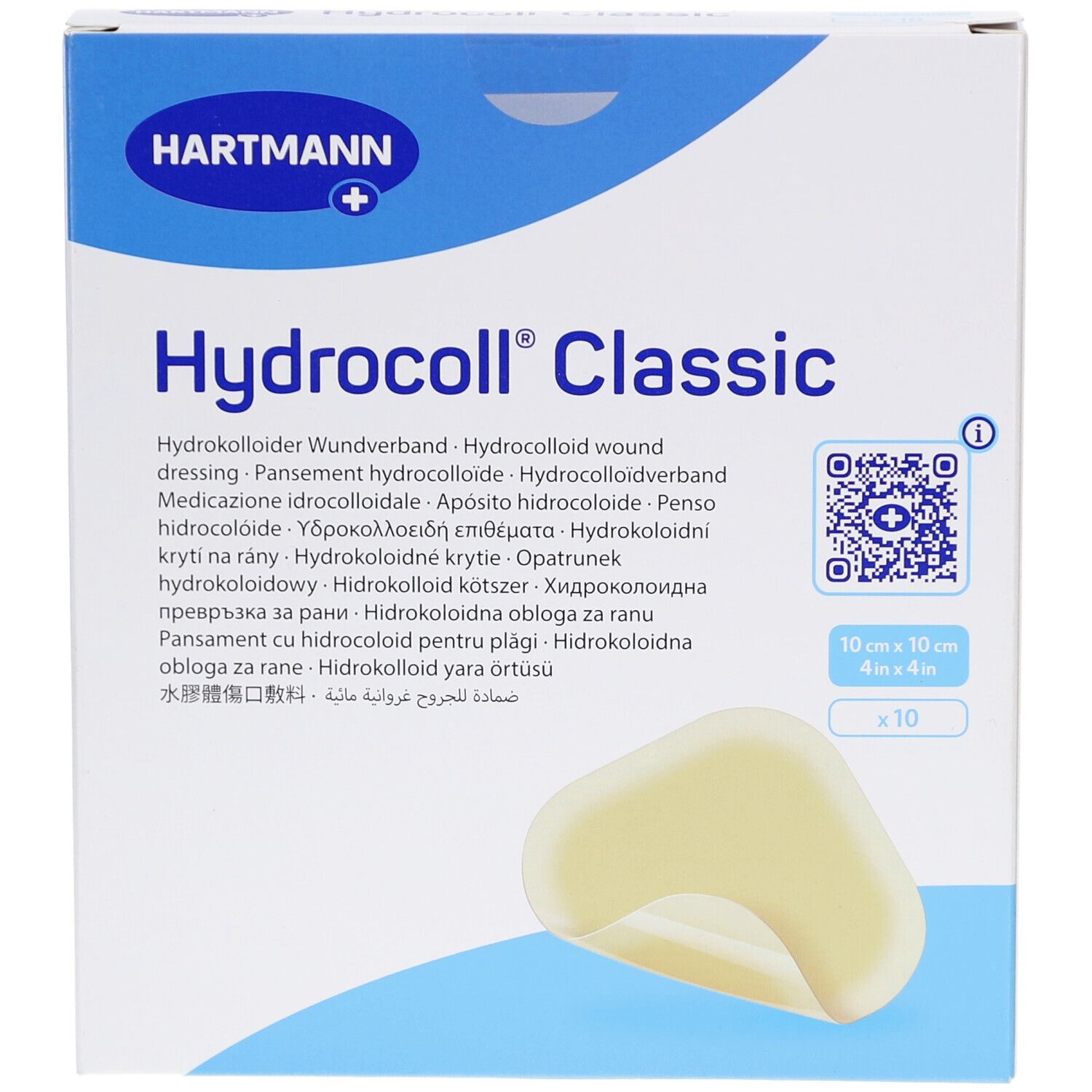 Hartmann Hydrocoll Classic. Hydrokolloid Wundverband. Verpackung mit 10 Pflastern. Größe: 10 x 10 cm. Sichtbar: Pflaster.