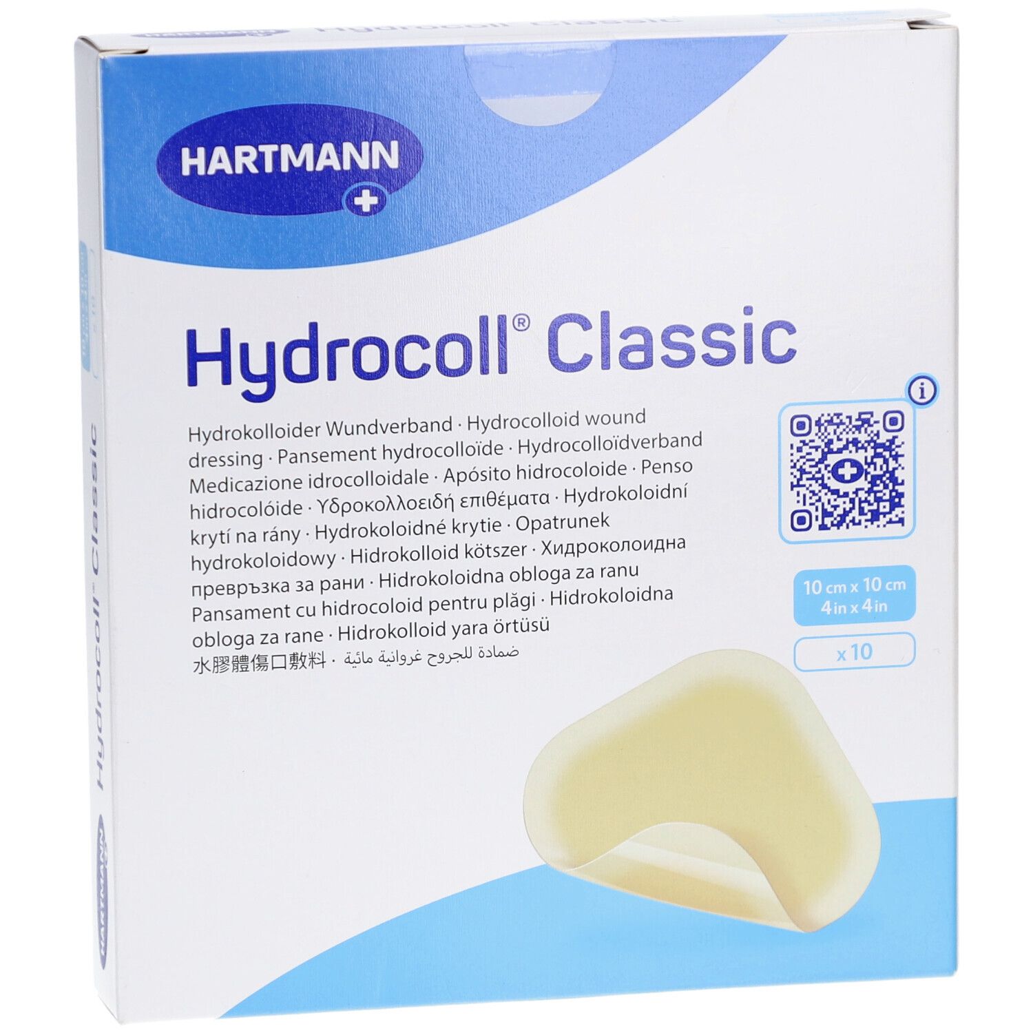Hartmann Hydrocoll Classic. Hydrokolloid Wundverband. Verpackung mit 10 Pflastern. Größe: 10 x 10 cm. Sichtbar: Pflaster.