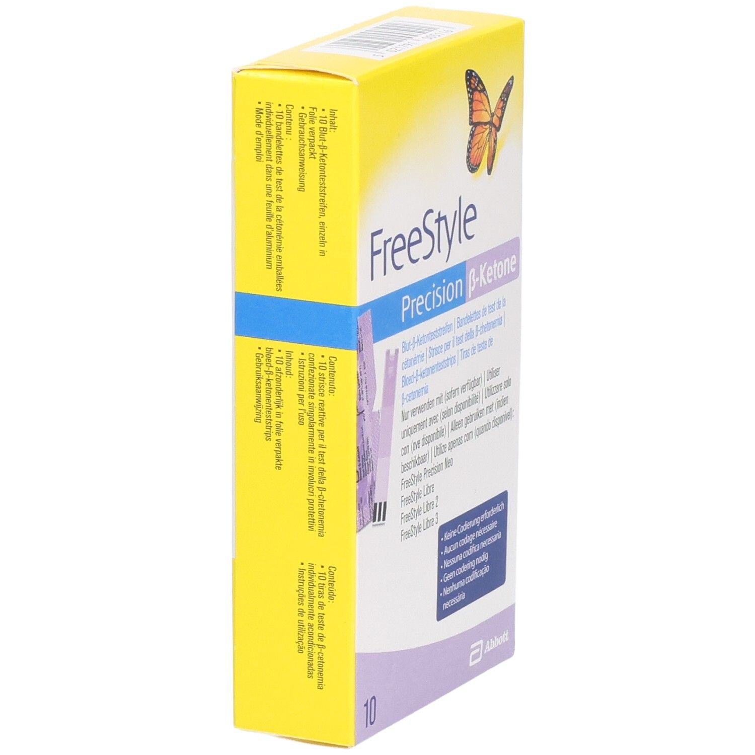 Gelbe Schachtel, "FreeStyle Precision β-Ketone". Enthält 10 Teststreifen. Seitenansicht mit Text und Schmetterling.
