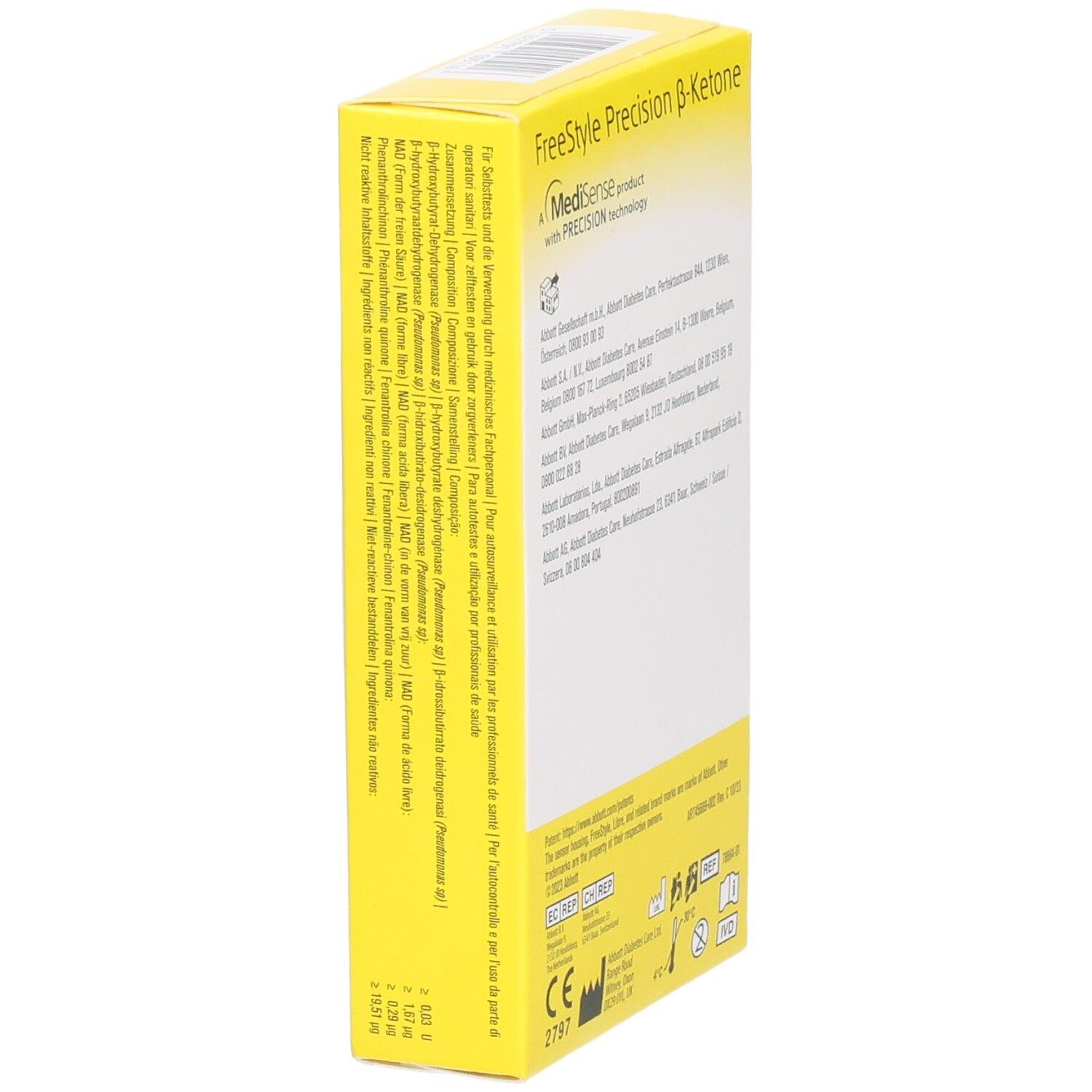 Gelbe Schachtel, Seitenansicht mit Text. Informationen zu Inhaltsstoffen und Hersteller.