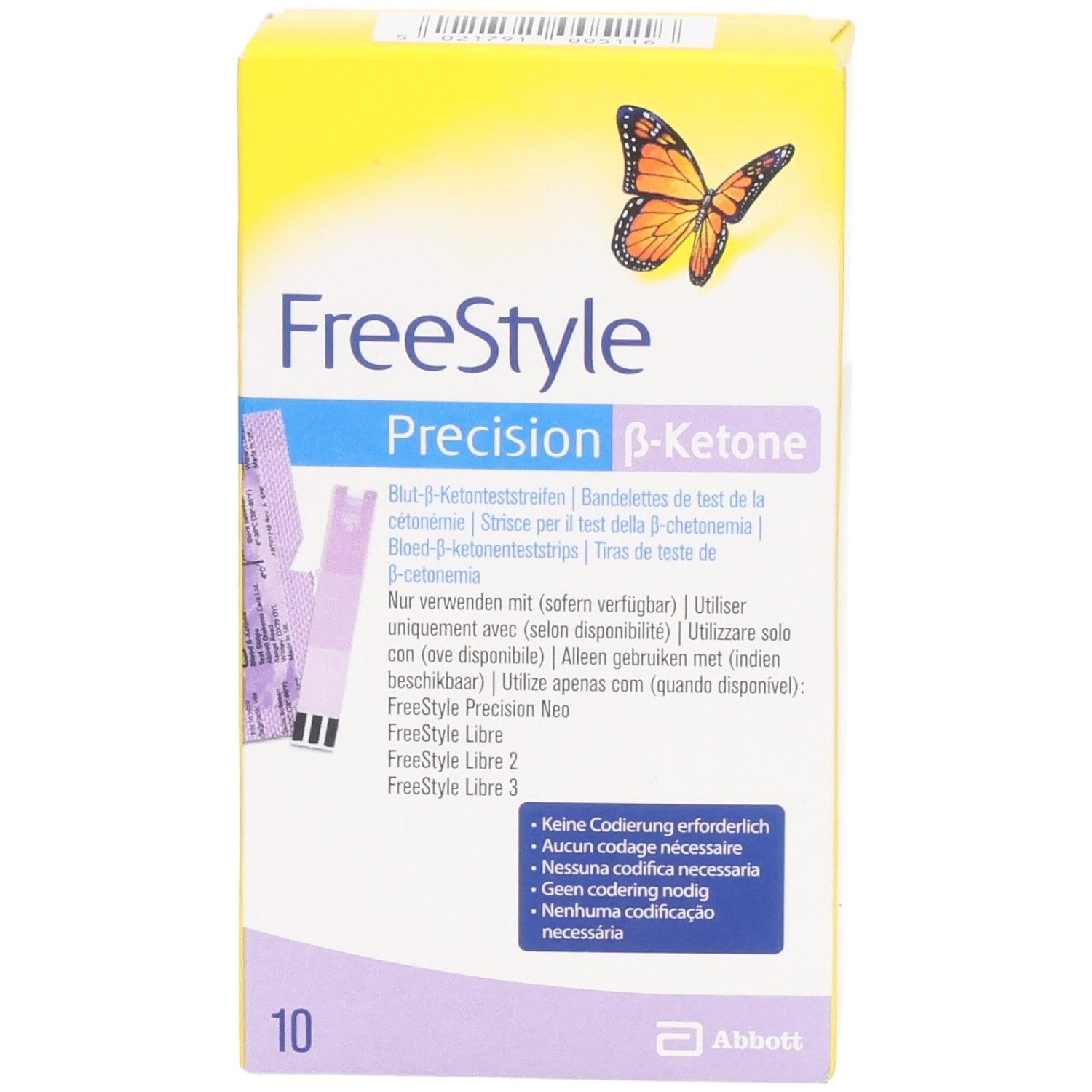 Gelbe Schachtel mit "FreeStyle Precision β-Ketone" Aufschrift. Enthält 10 Teststreifen. Abbildung einer Schmetterlings.