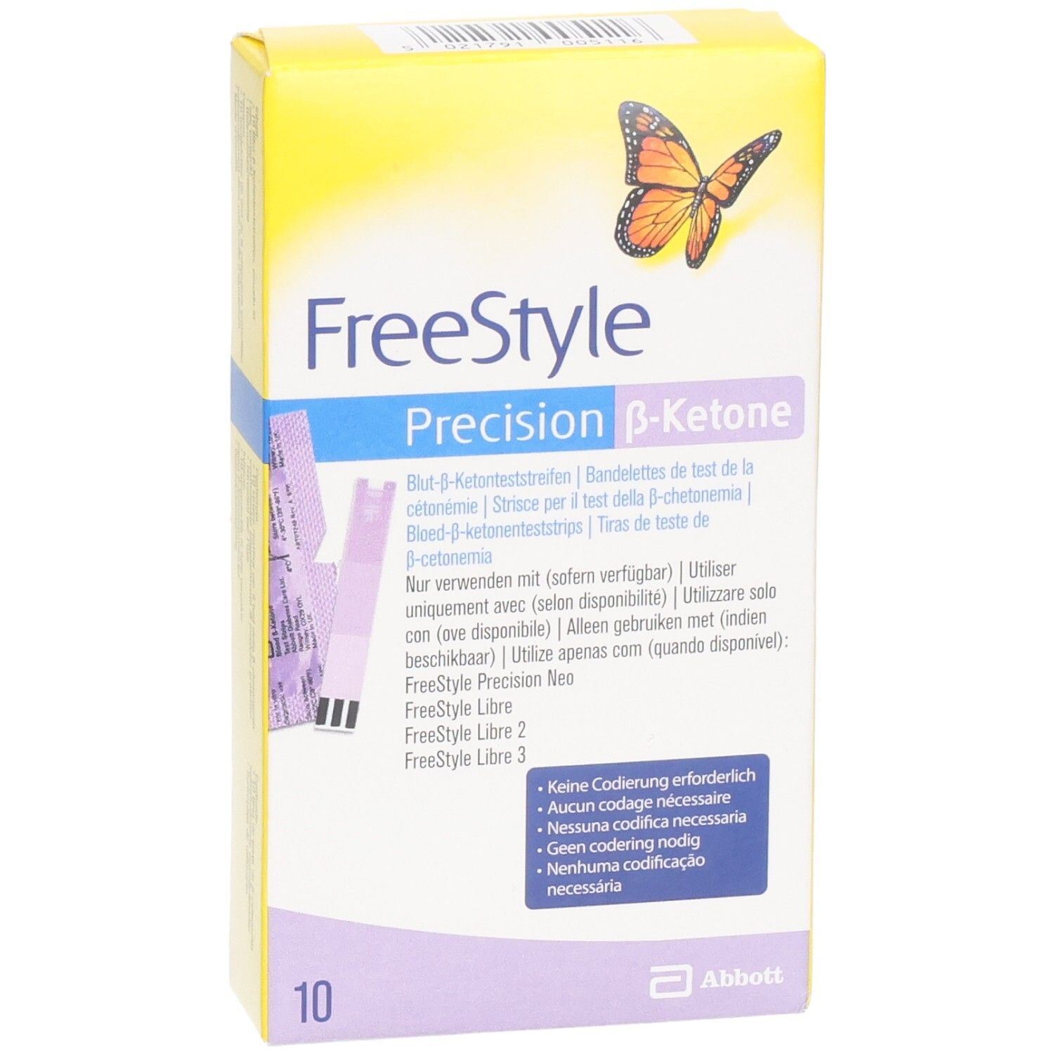 Gelbe Schachtel mit "FreeStyle Precision β-Ketone" Aufschrift. Enthält 10 Teststreifen. Abbildung einer Schmetterlings.
