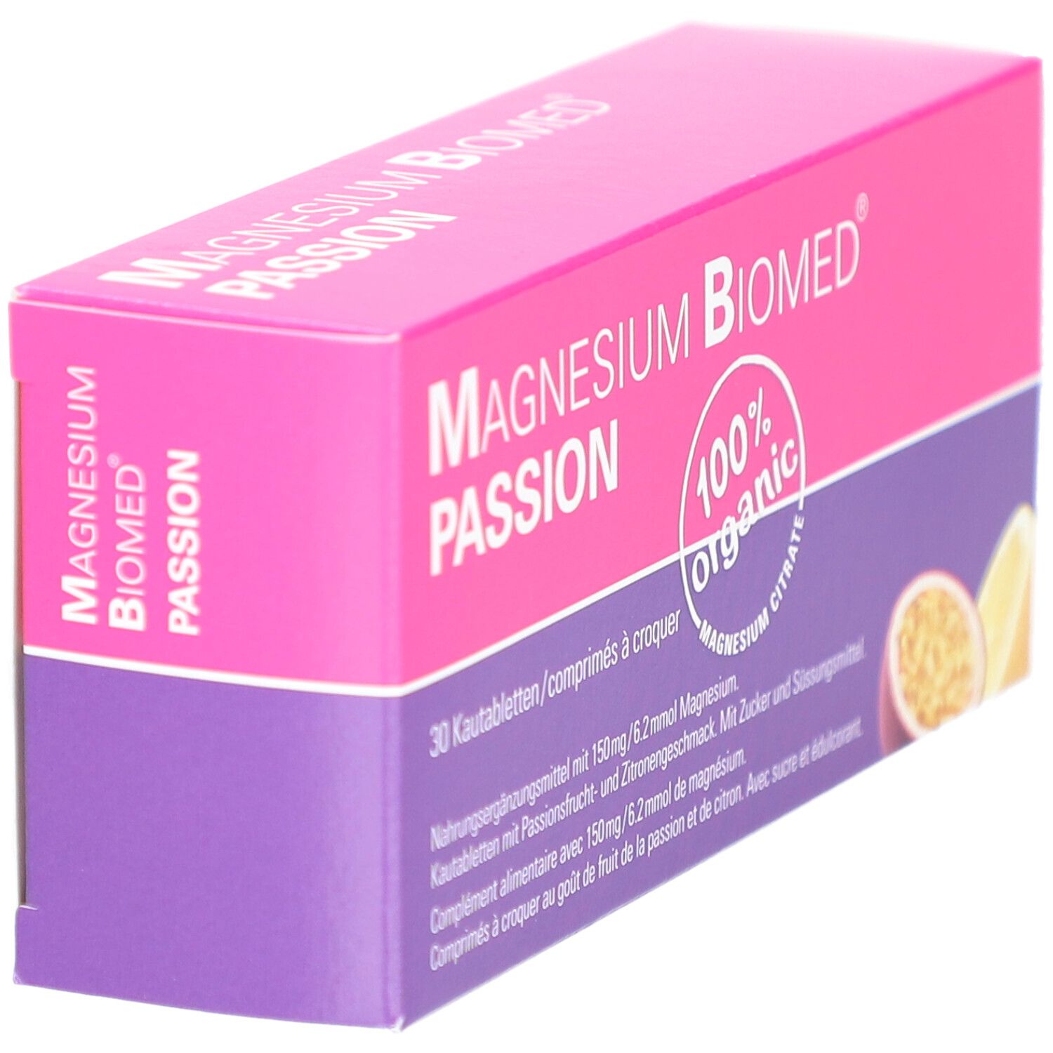 Schräg gestellte, rosa-violette Schachtel "MAGNESIUM BIOMED PASSION". 30 Kautabletten. Aufdrucke: 100% organic, Magnesium Citrat.