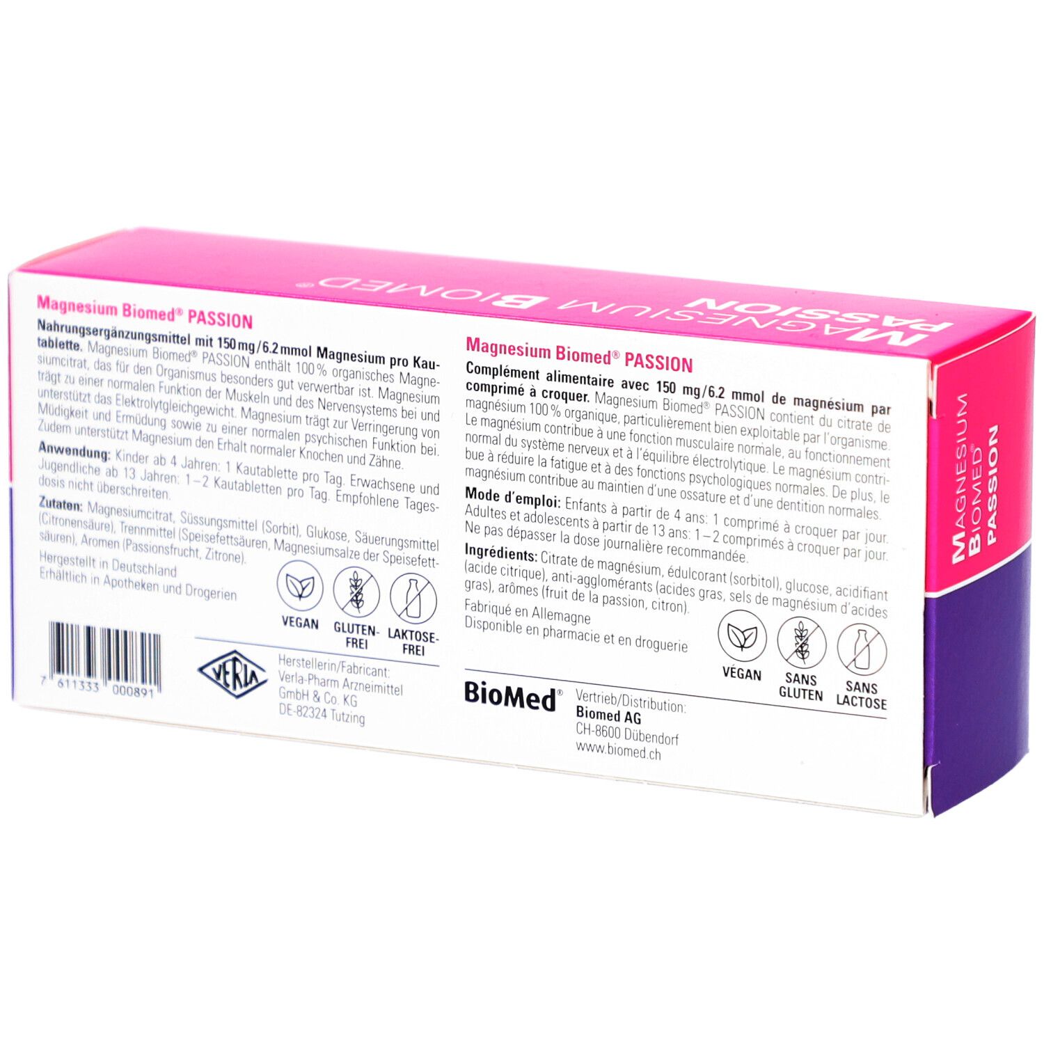 Rückseite der rosa-violetten Schachtel "MAGNESIUM BIOMED PASSION". Text in Deutsch und Französisch. Vegan, glutenfrei, laktosefrei.