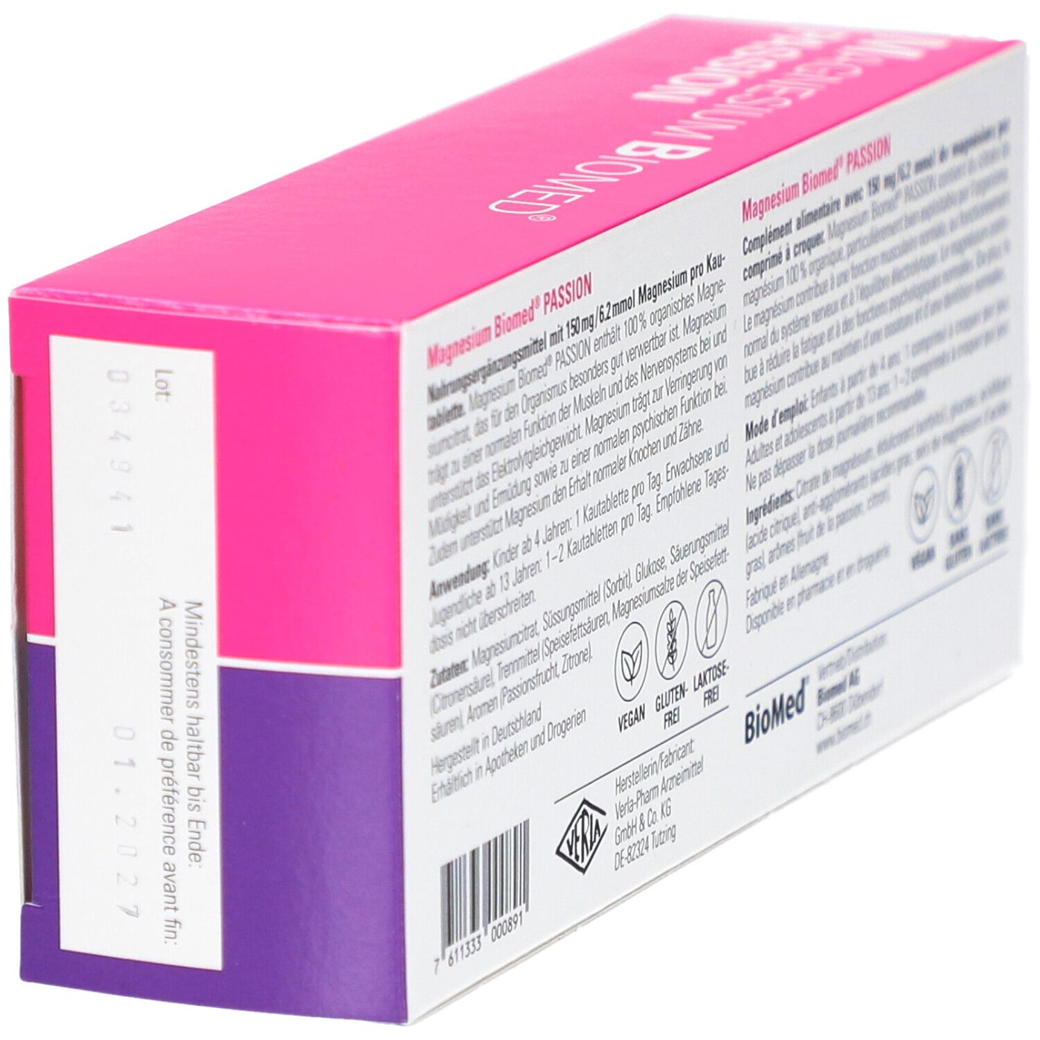 Schachtel "MAGNESIUM BIOMED PASSION" mit Haltbarkeitsdatum. Text in Deutsch. Vegan, glutenfrei, laktosefrei.