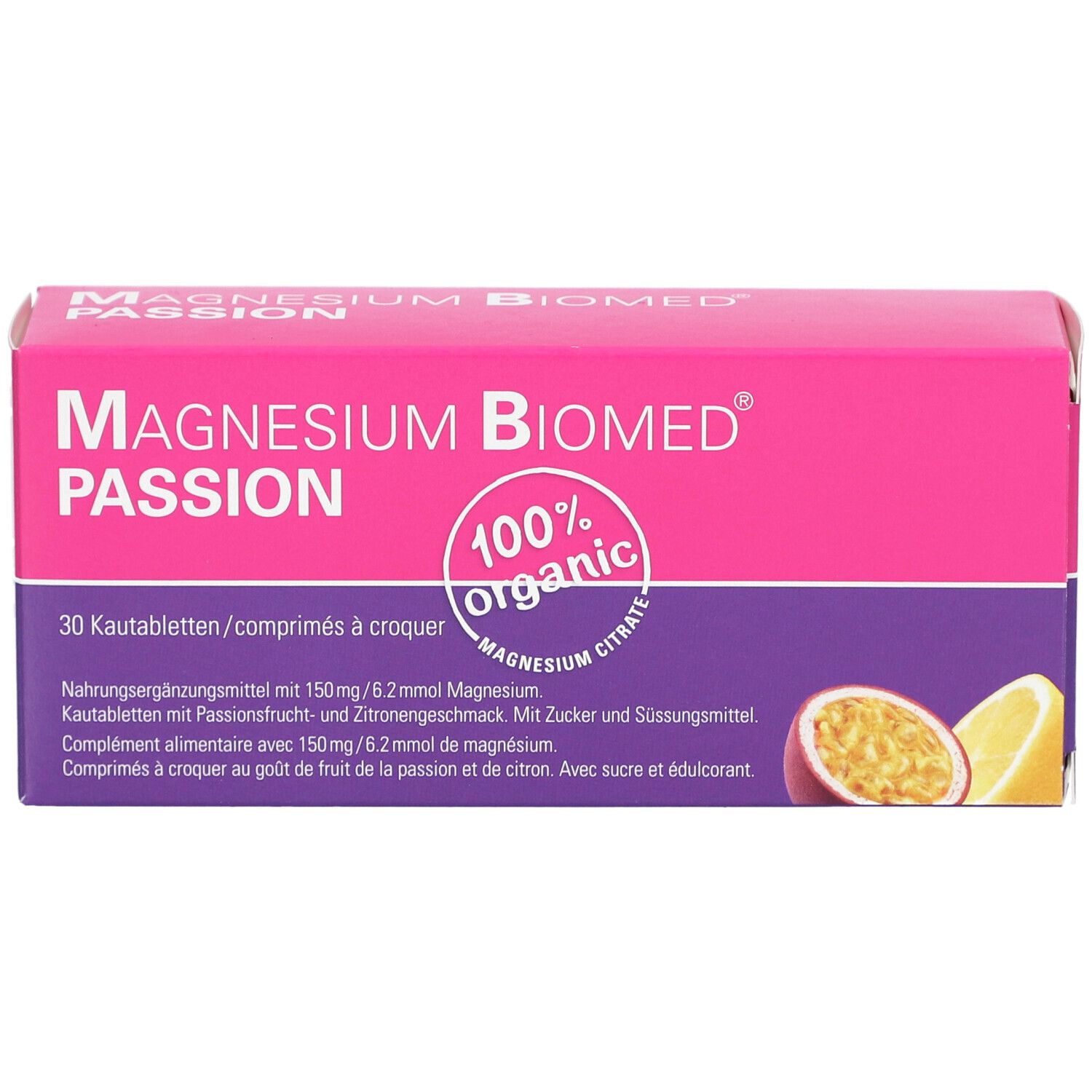 Rosa-violette Schachtel "MAGNESIUM BIOMED PASSION". 30 Kautabletten. Aufdrucke: 100% organic, Magnesium Citrat, Passionsfrucht und Zitrone.