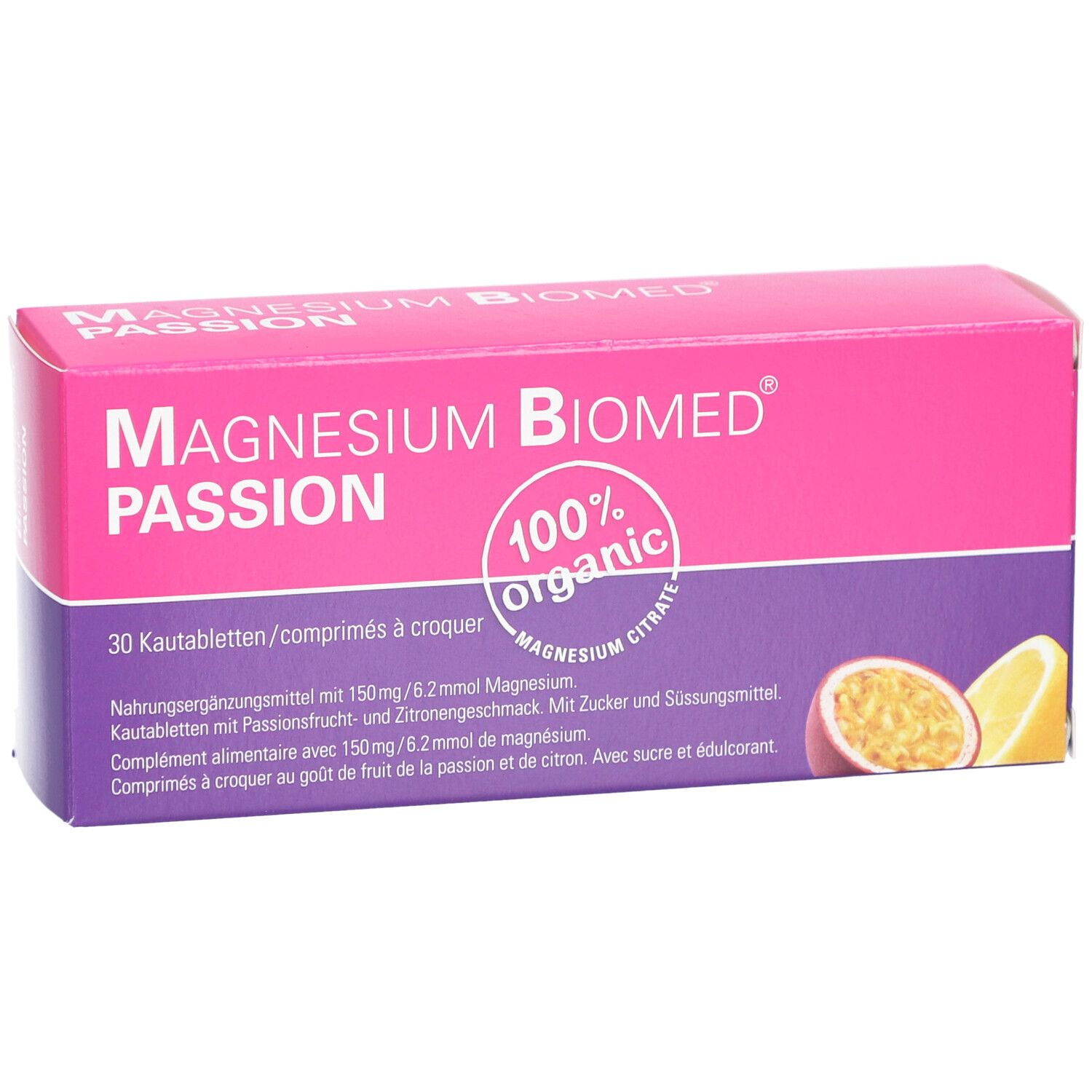 Rosa-violette Schachtel "MAGNESIUM BIOMED PASSION". 30 Kautabletten. Aufdrucke: 100% organic, Magnesium Citrat, Passionsfrucht und Zitrone.