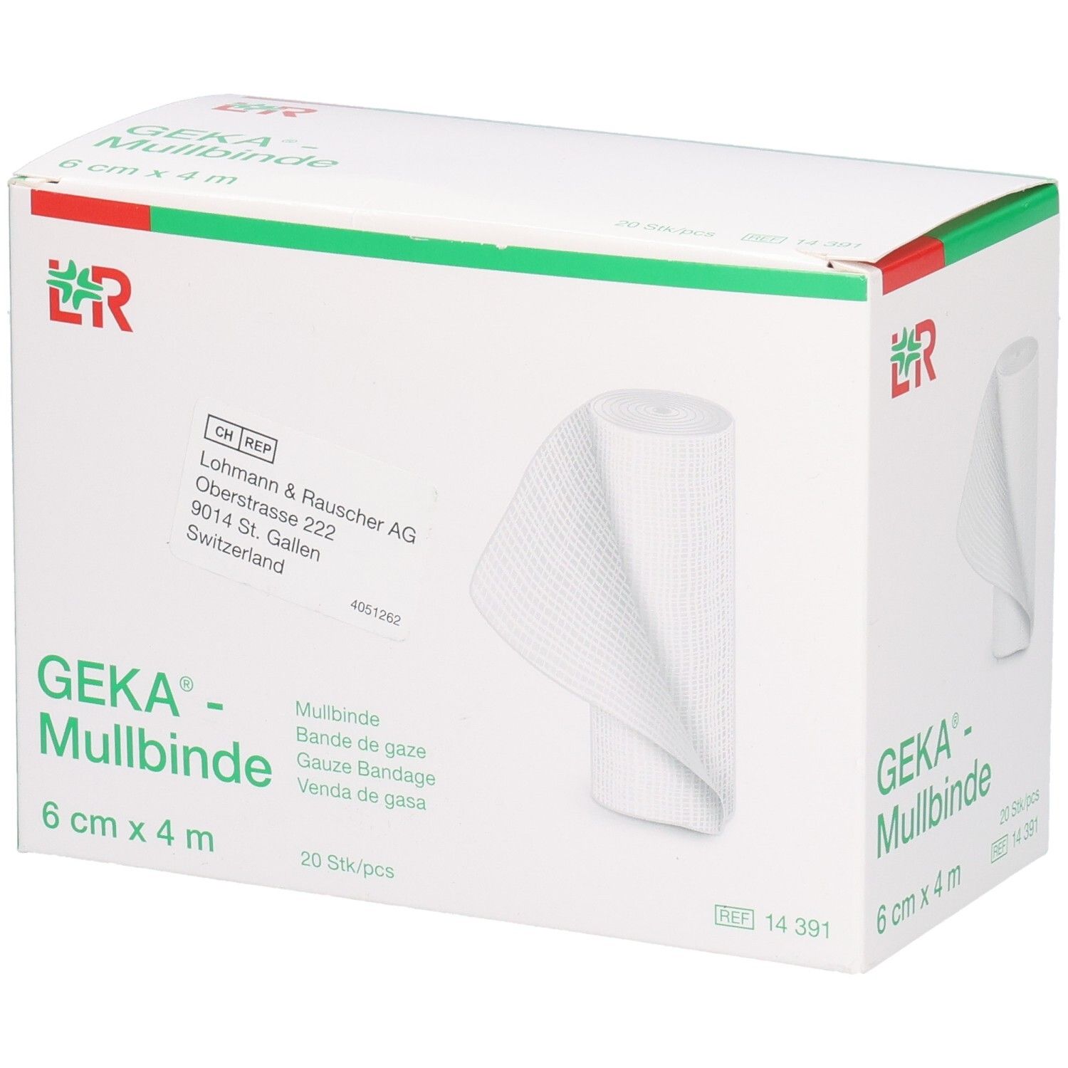 Verpackung mit Mullbinden. Aufschrift: GEKA- Mullbinde, 6 cm x 4 m, 20 Stk/pcs. Weißes Verbandsmaterial sichtbar.