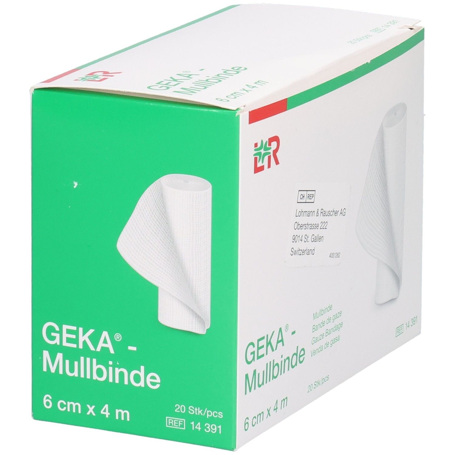 Grüne und weiße Verpackung mit Mullbinden. Aufschrift: GEKA- Mullbinde, 6 cm x 4 m, 20 Stk/pcs. Weißes Verbandsmaterial.