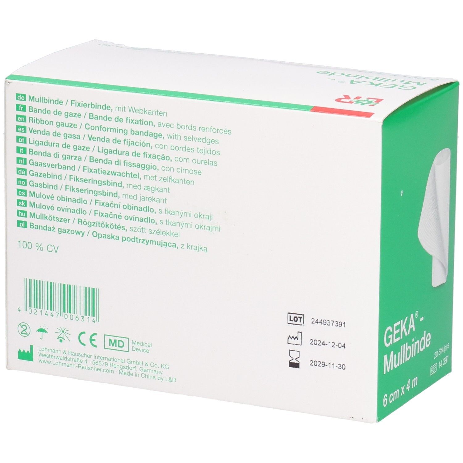 Rückseite der Verpackung mit Produktinformationen. Mehrsprachige Beschriftung. Aufschrift: GEKA- Mullbinde, 6 cm x 4 m.