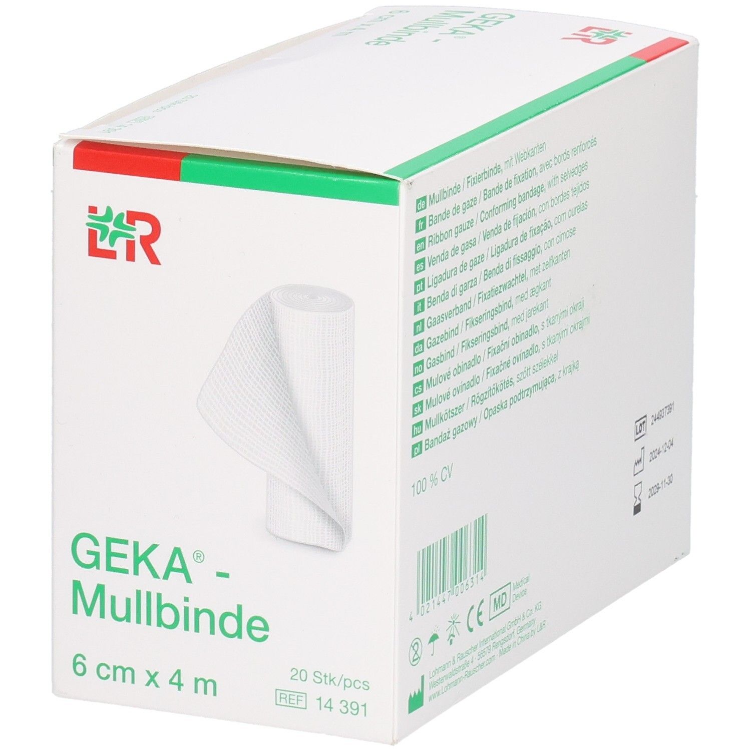 Verpackung mit Mullbinden. Aufschrift: GEKA- Mullbinde, 6 cm x 4 m, 20 Stk/pcs. Weißes Verbandsmaterial sichtbar.