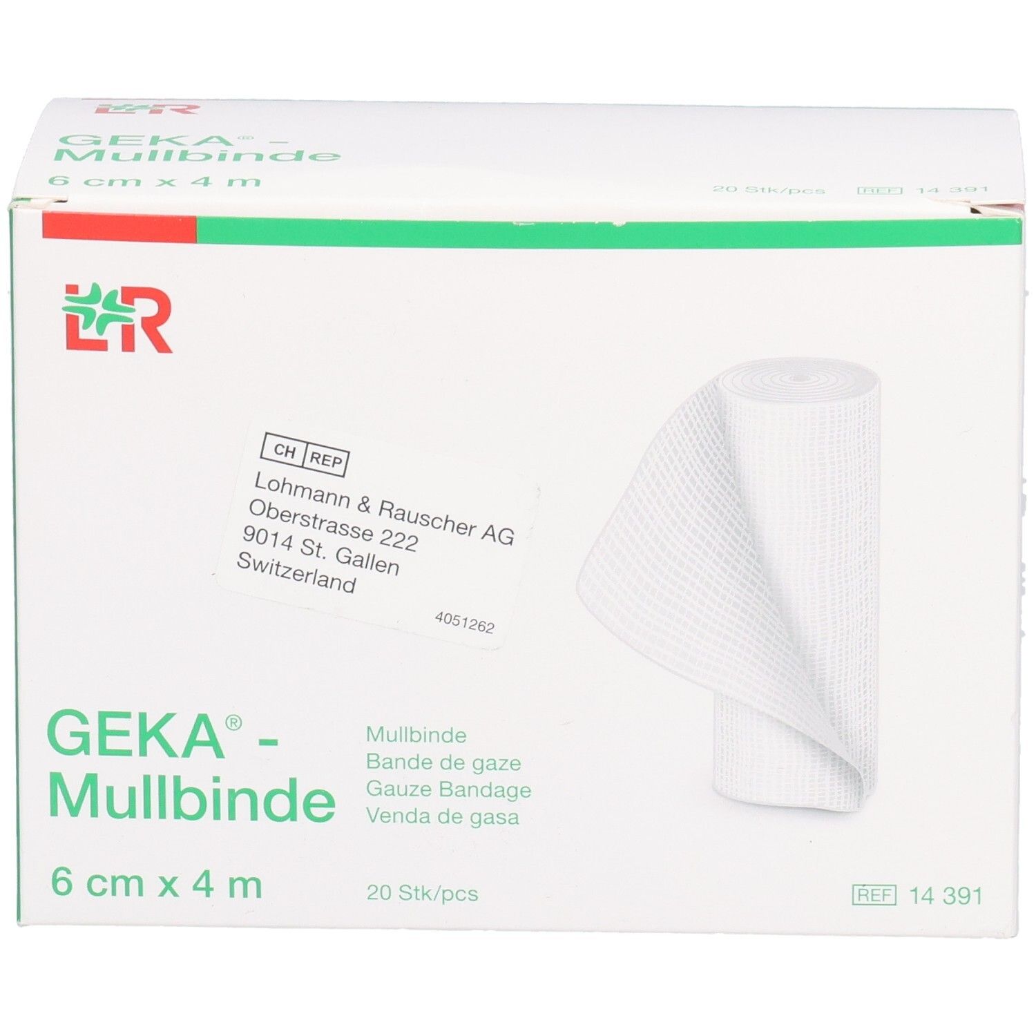 Verpackung mit Mullbinden. Aufschrift: GEKA- Mullbinde, 6 cm x 4 m, 20 Stk/pcs. Weißes Verbandsmaterial sichtbar.