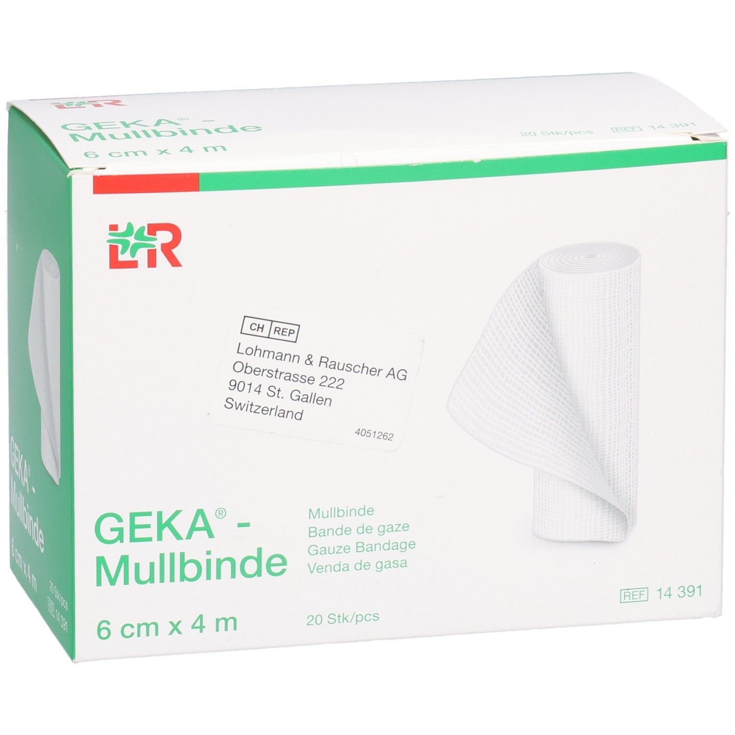 Verpackung mit Mullbinden. Aufschrift: GEKA- Mullbinde, 6 cm x 4 m, 20 Stk/pcs. Weißes Verbandsmaterial sichtbar.