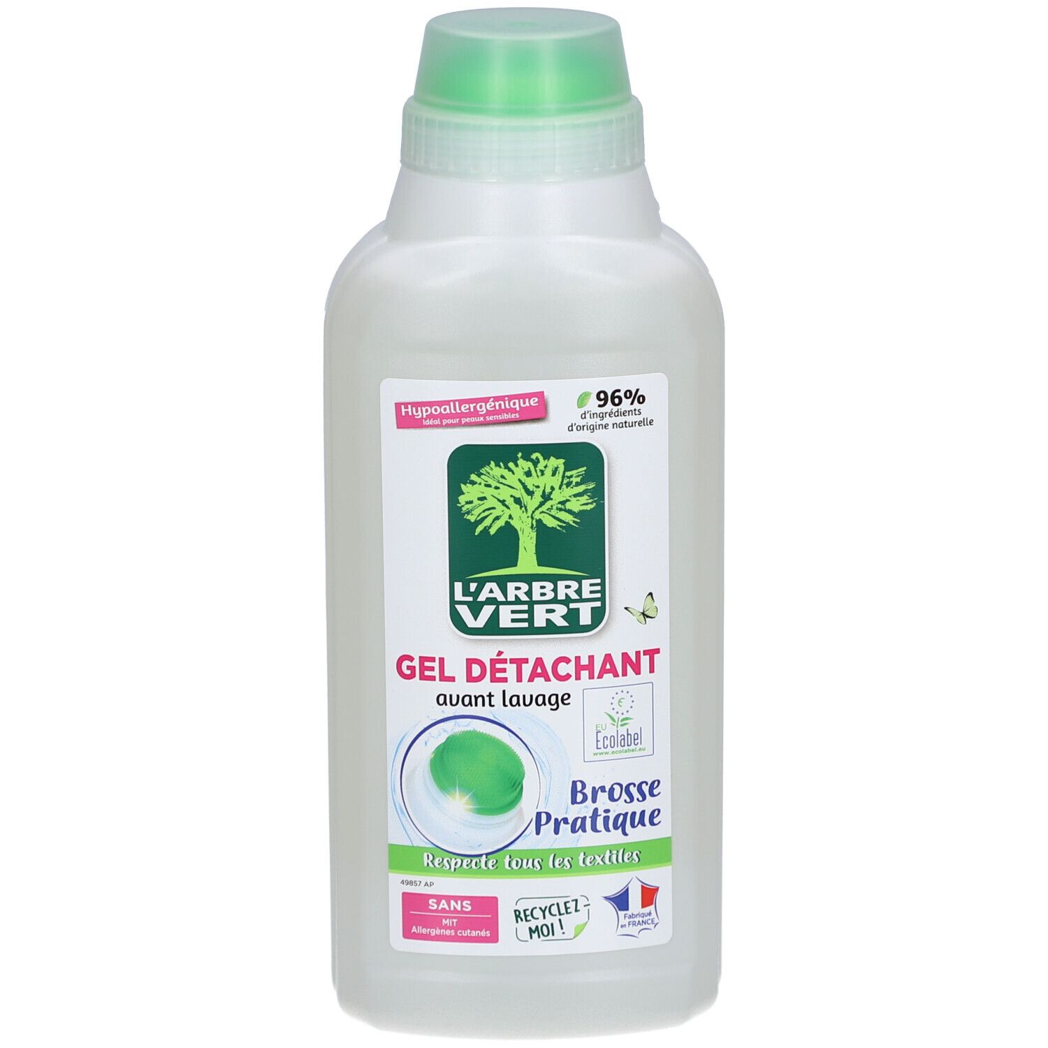 Gel détachant avec brosse. Bouteille blanche, bouchon vert. Étiquette avec logo et texte. Contient une brosse.