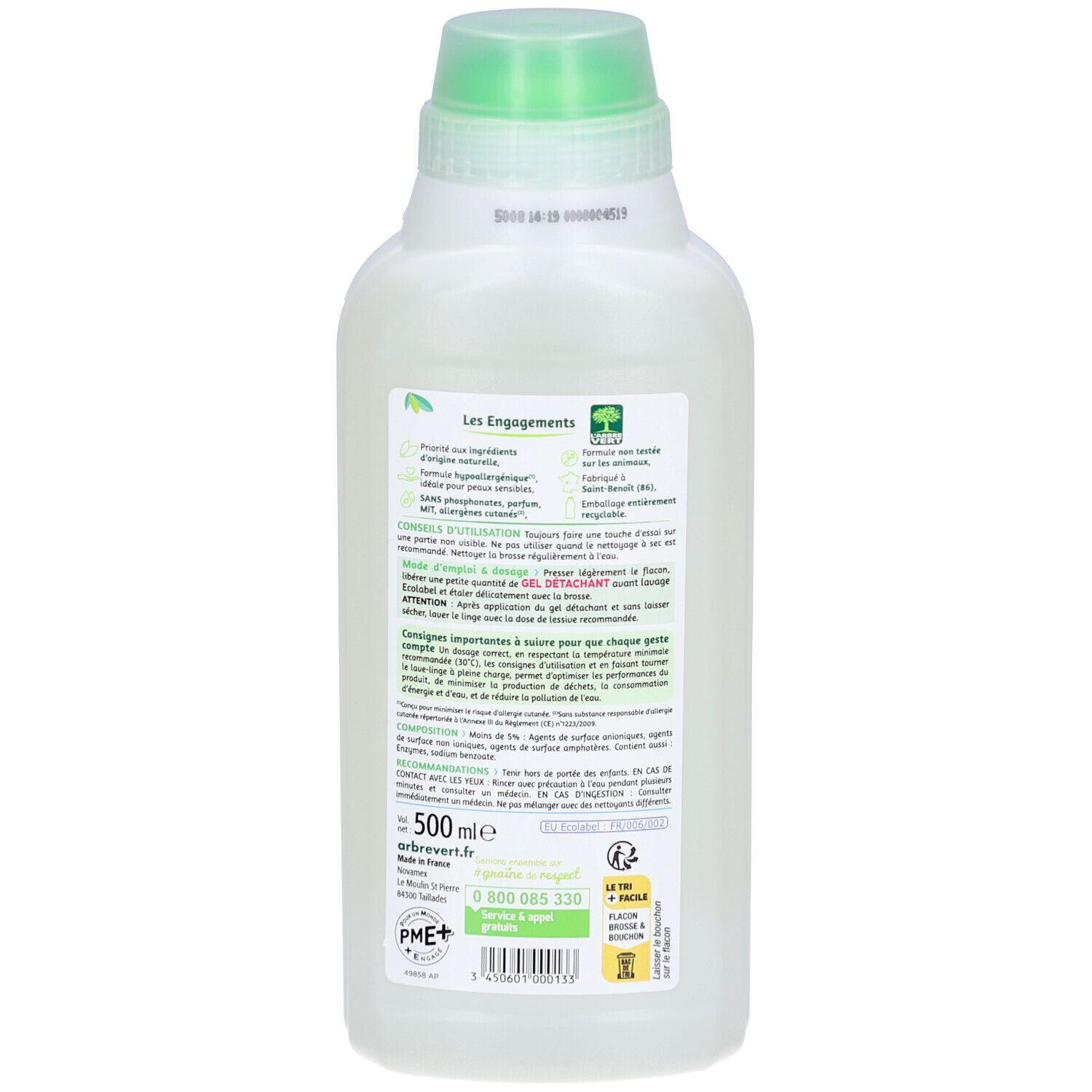 Dos de la bouteille. Texte et logo. Contient des informations sur les ingrédients et l'utilisation.